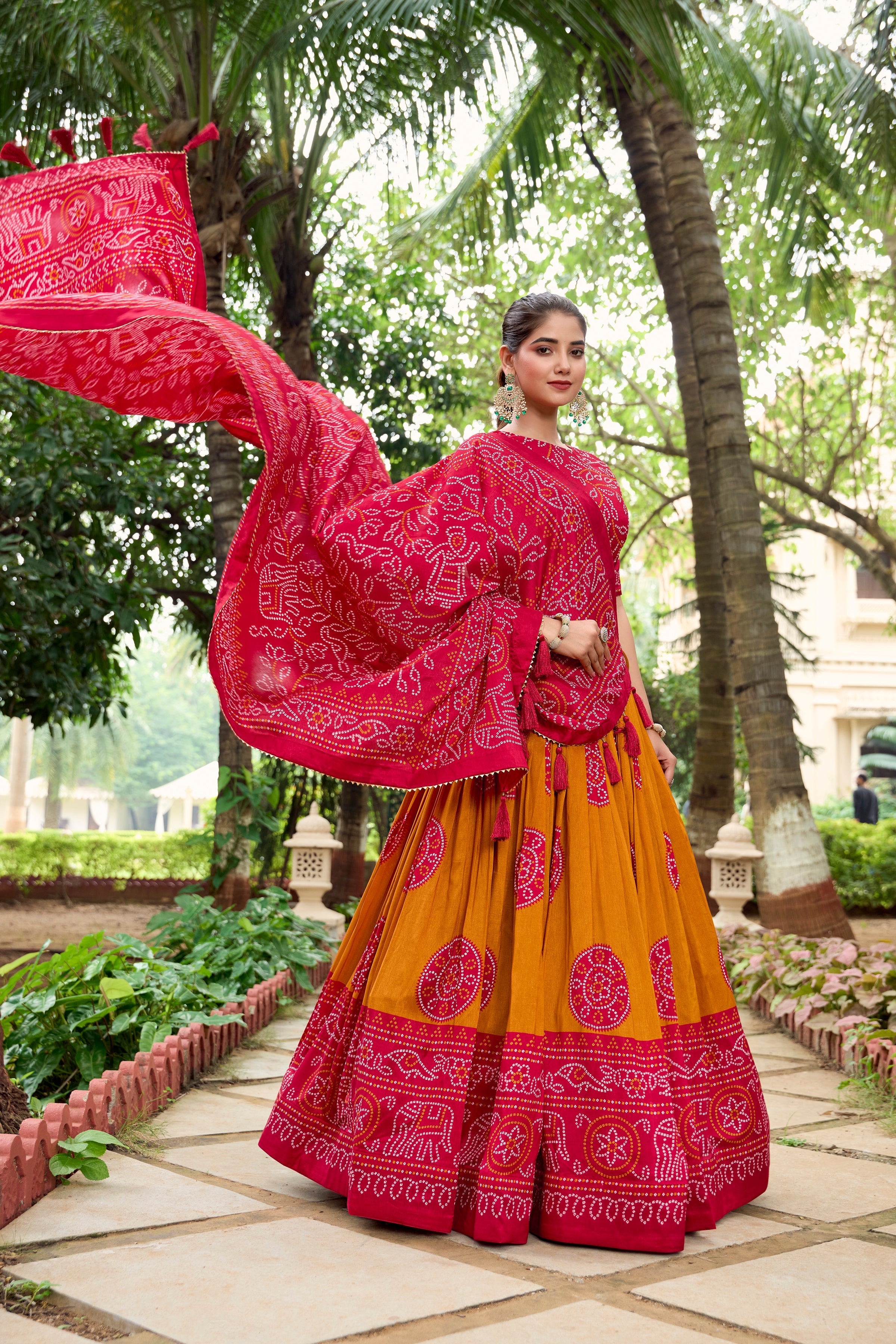 Mustard Color Bandhej Printed Tussar Silk Women Wear Lehenga Choli