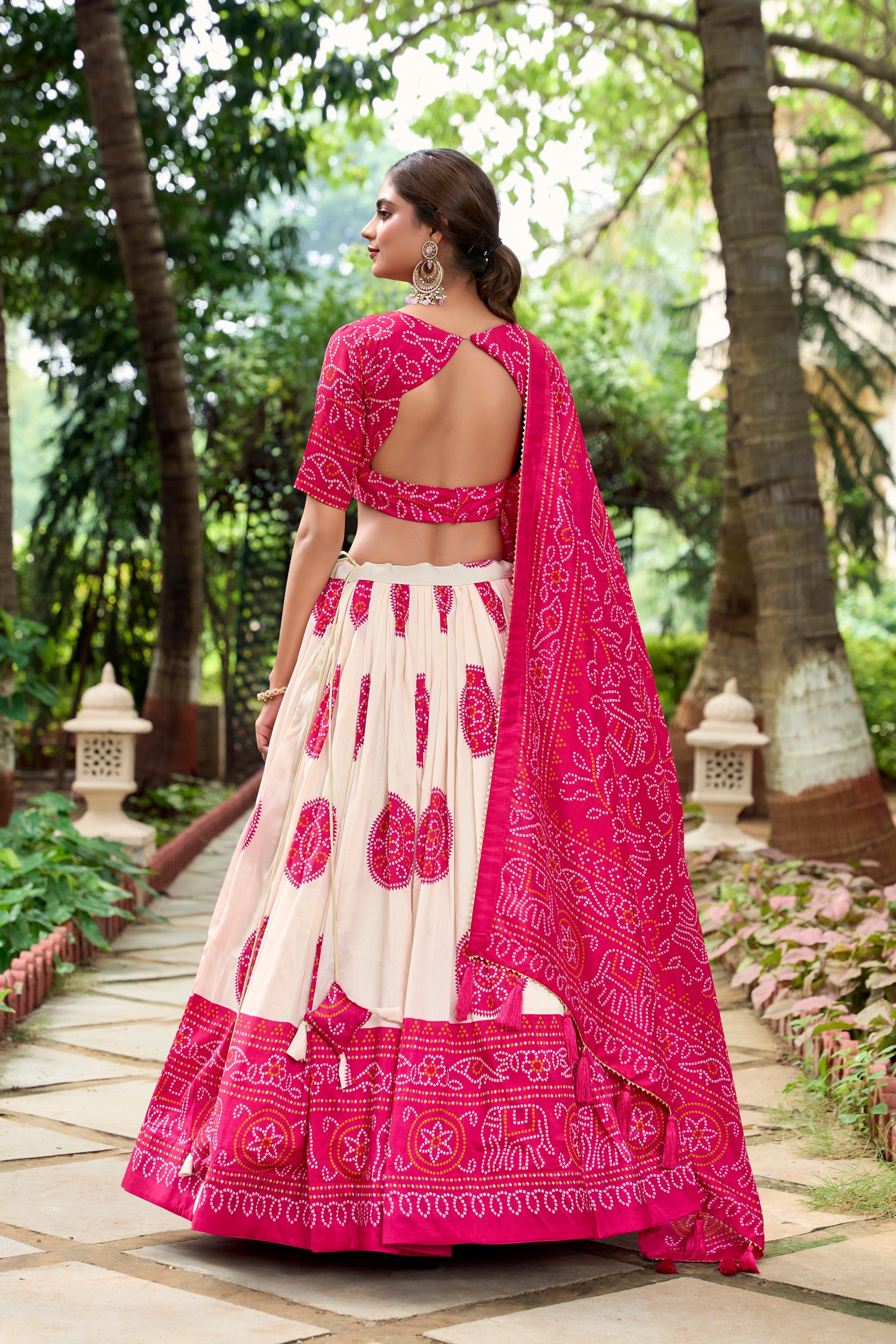 Pink Color Bandhej Printed Tussar Silk Indian Lehenga Choli