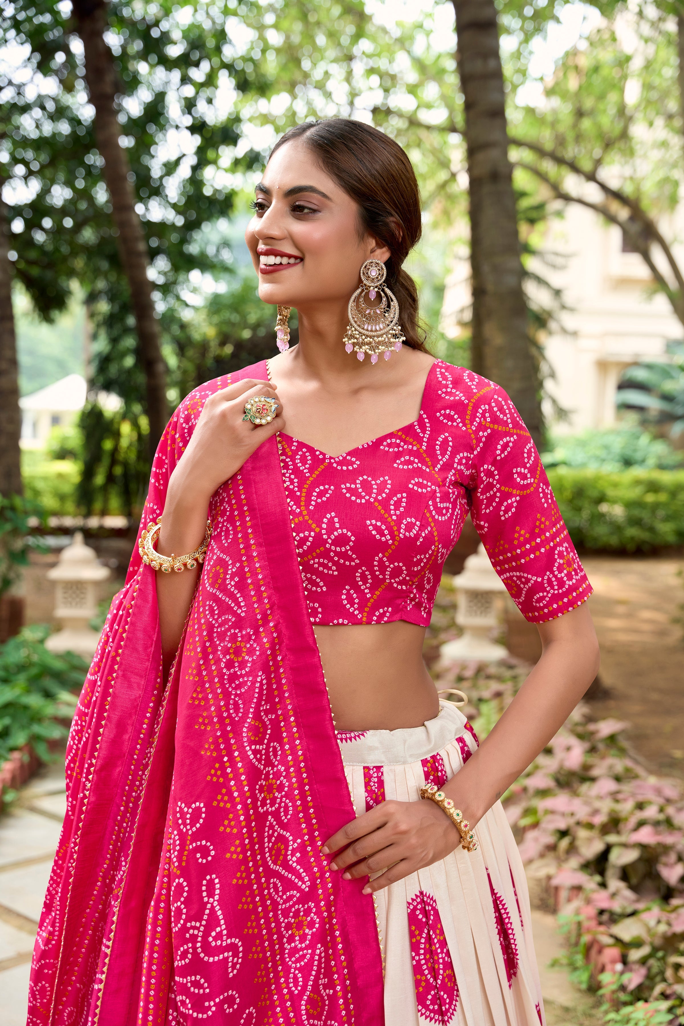 Pink Color Bandhej Printed Tussar Silk Indian Lehenga Choli