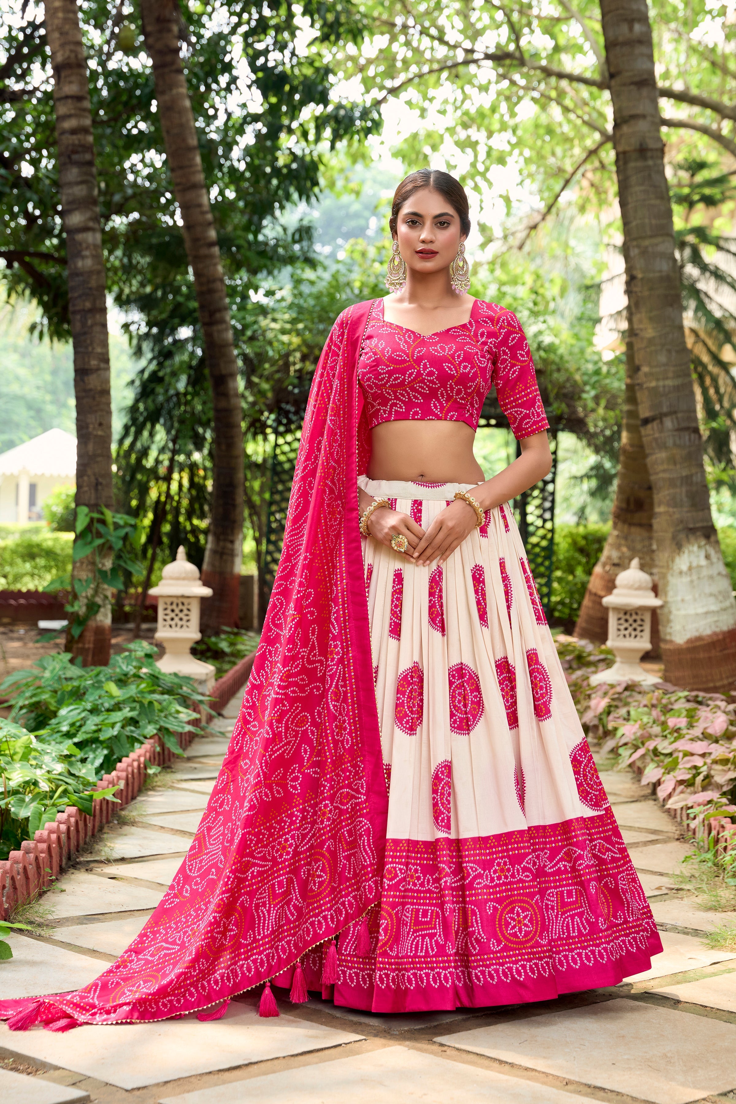 Pink Color Bandhej Printed Tussar Silk Indian Lehenga Choli