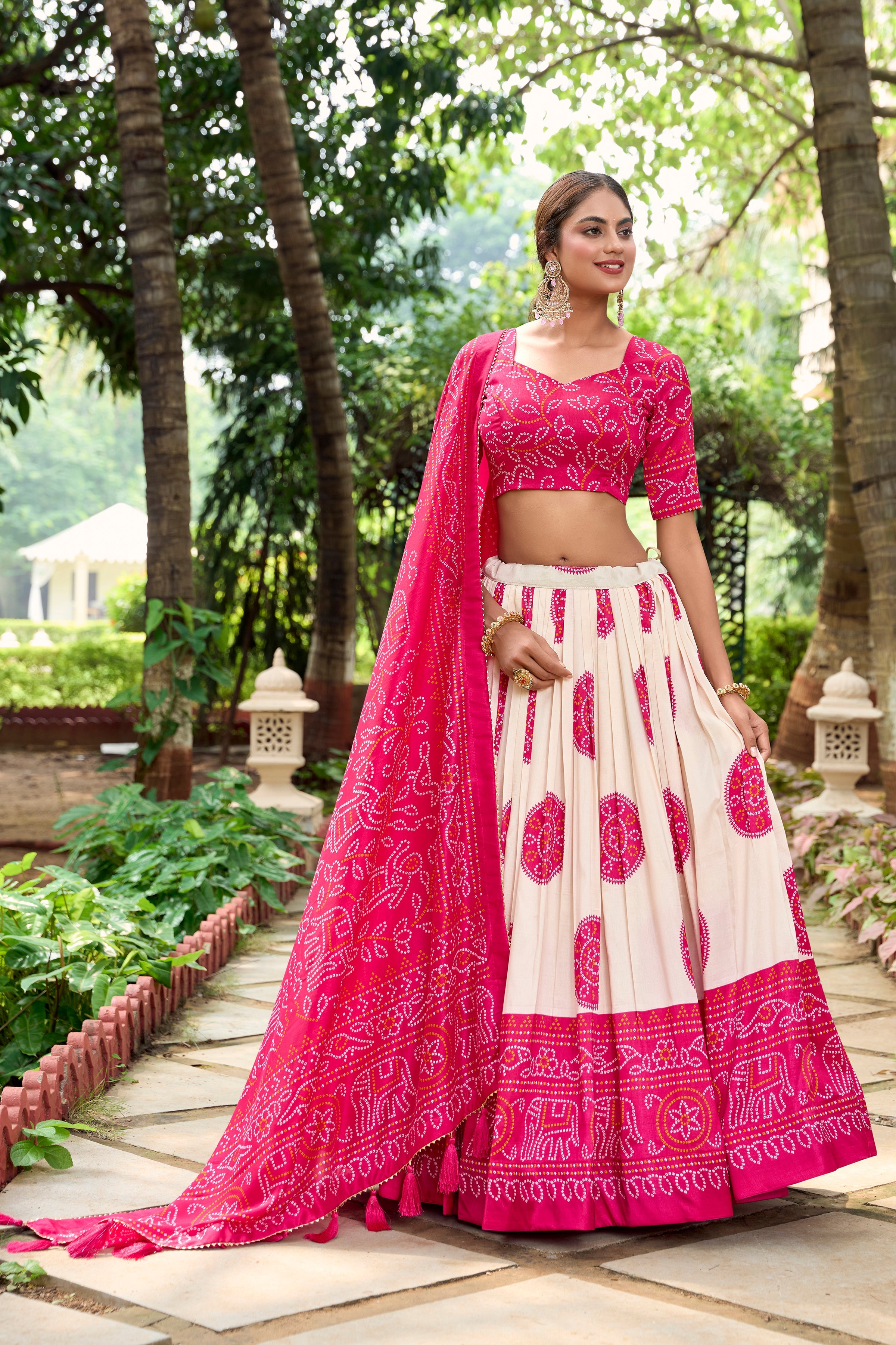 Pink Color Bandhej Printed Tussar Silk Indian Lehenga Choli