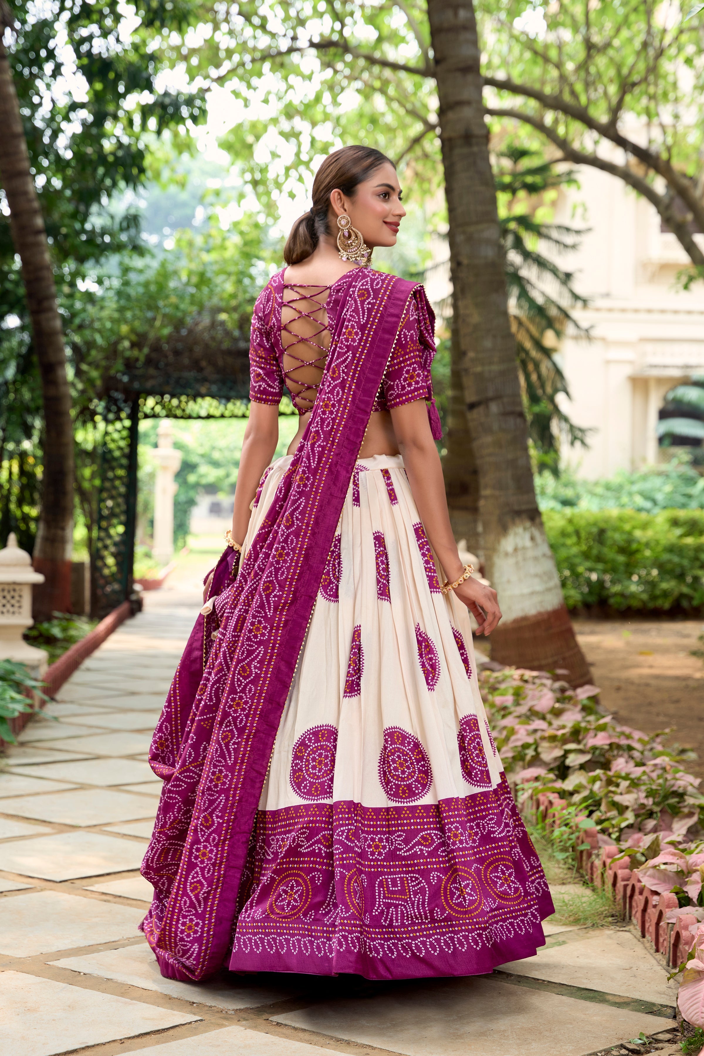 Pink Color Bandhej Printed Tussar Silk Indian Lehenga Choli