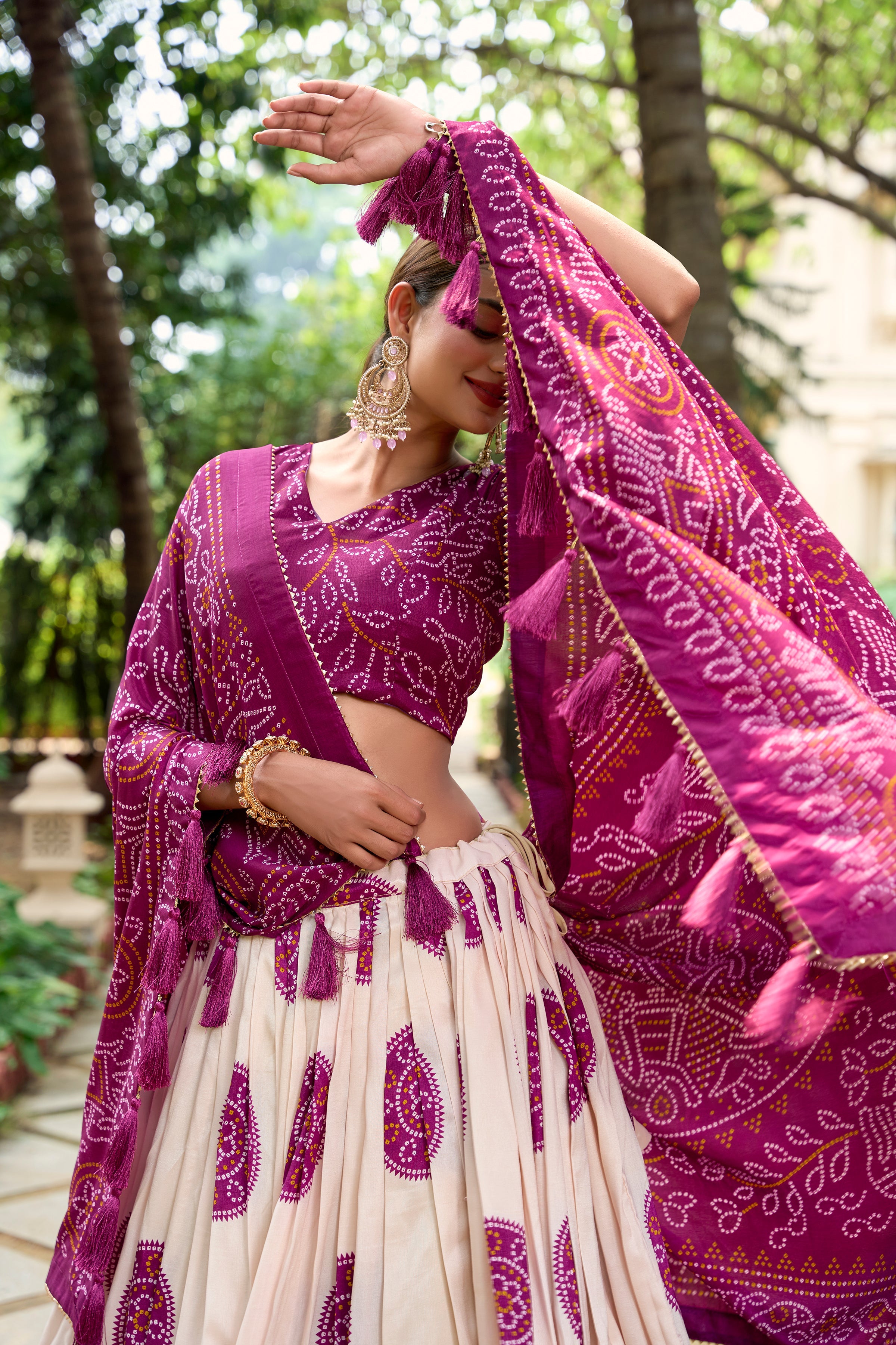 Pink Color Bandhej Printed Tussar Silk Indian Lehenga Choli