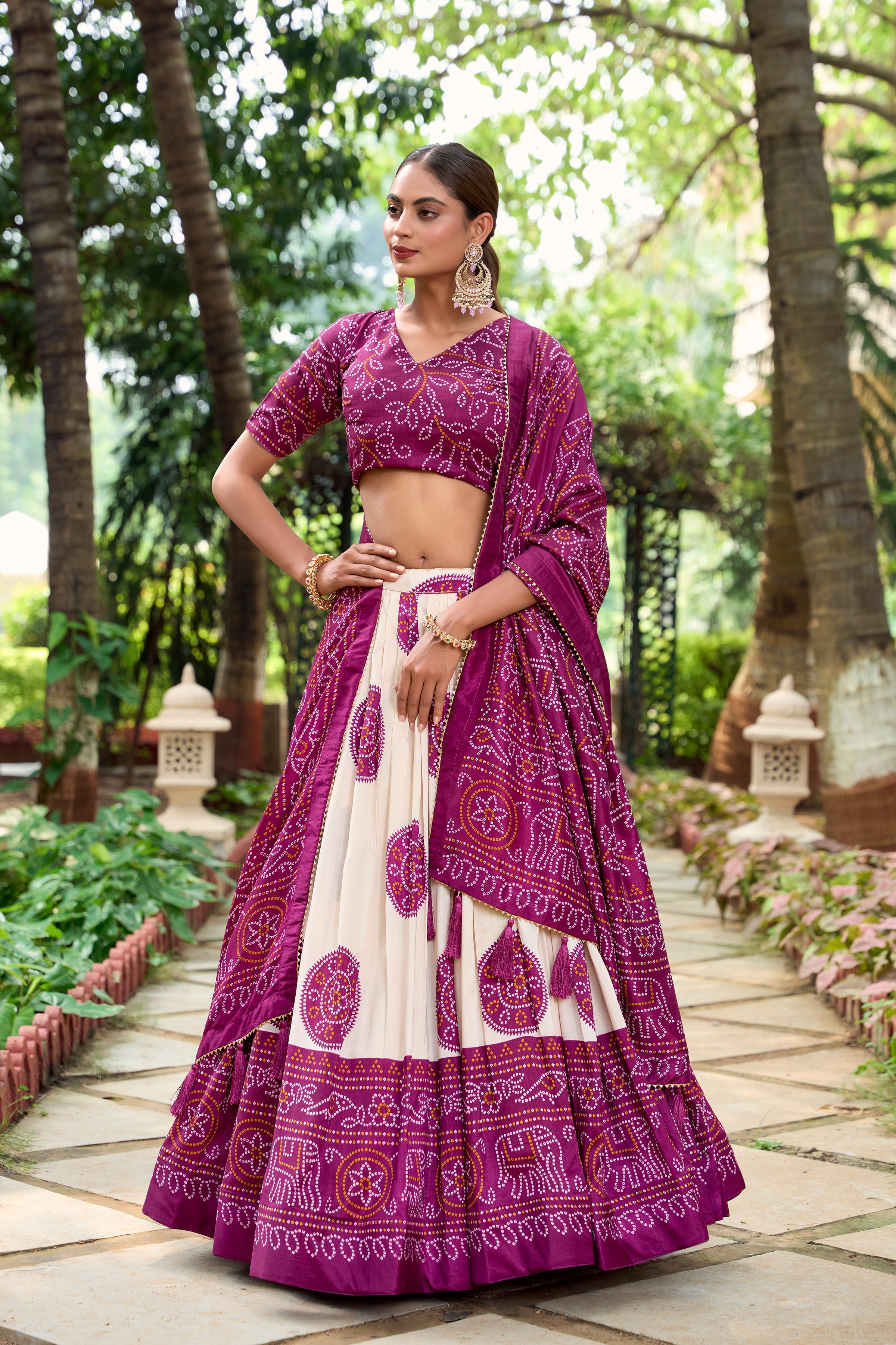 Pink Color Bandhej Printed Tussar Silk Indian Lehenga Choli