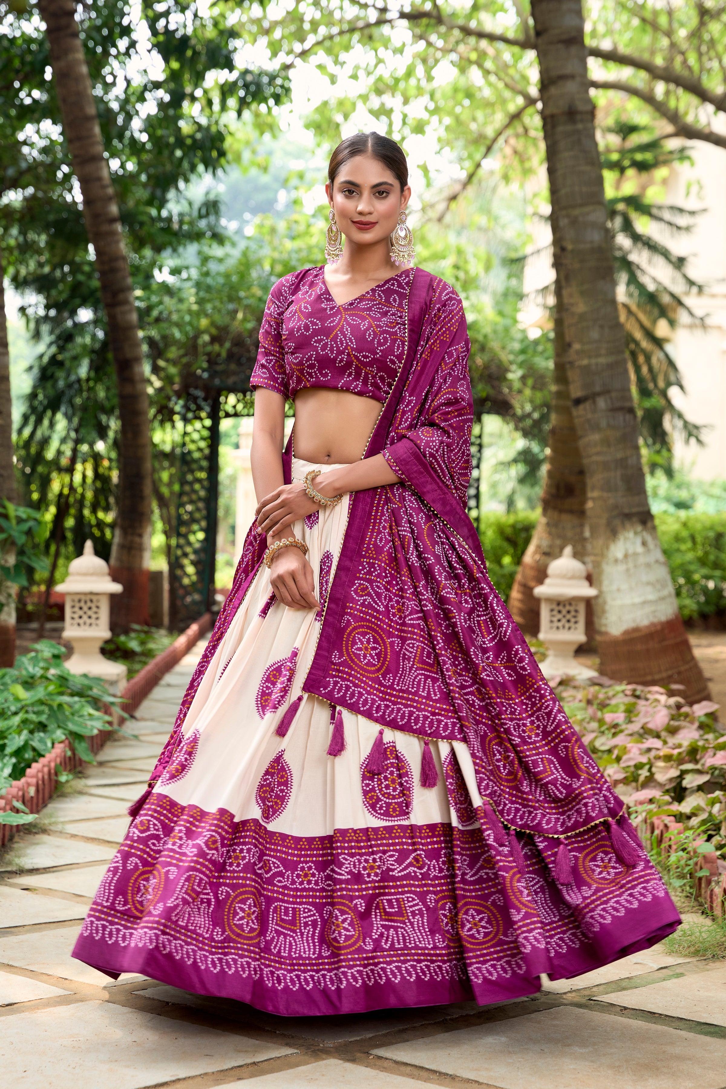 Pink Color Bandhej Printed Tussar Silk Indian Lehenga Choli