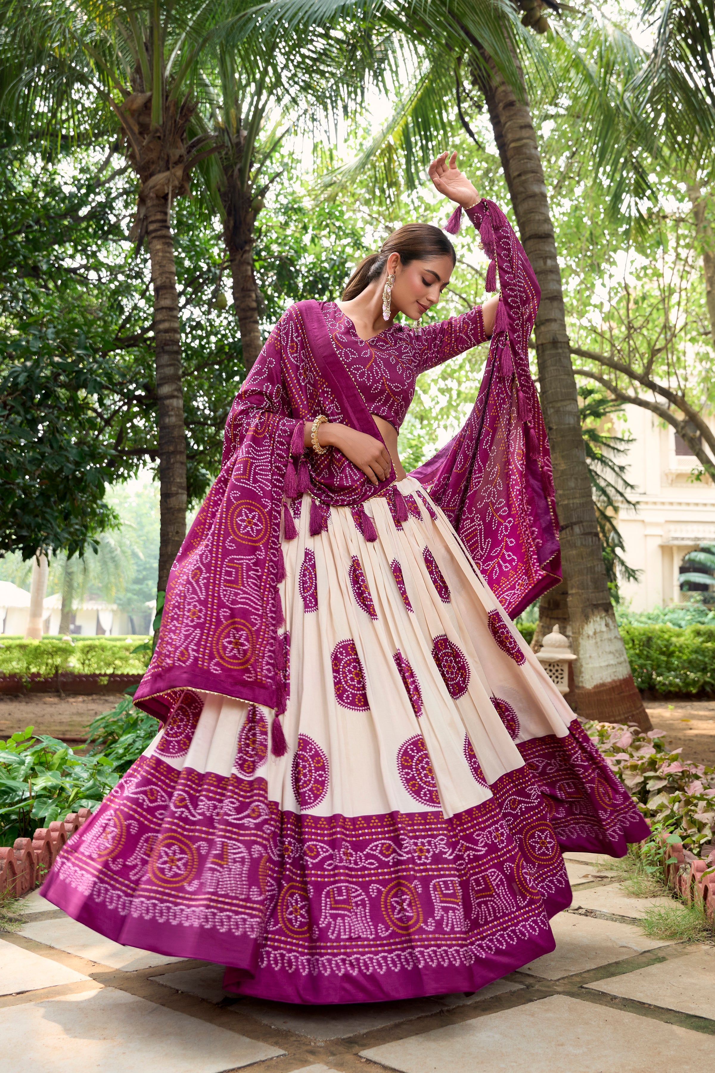 Pink Color Bandhej Printed Tussar Silk Indian Lehenga Choli