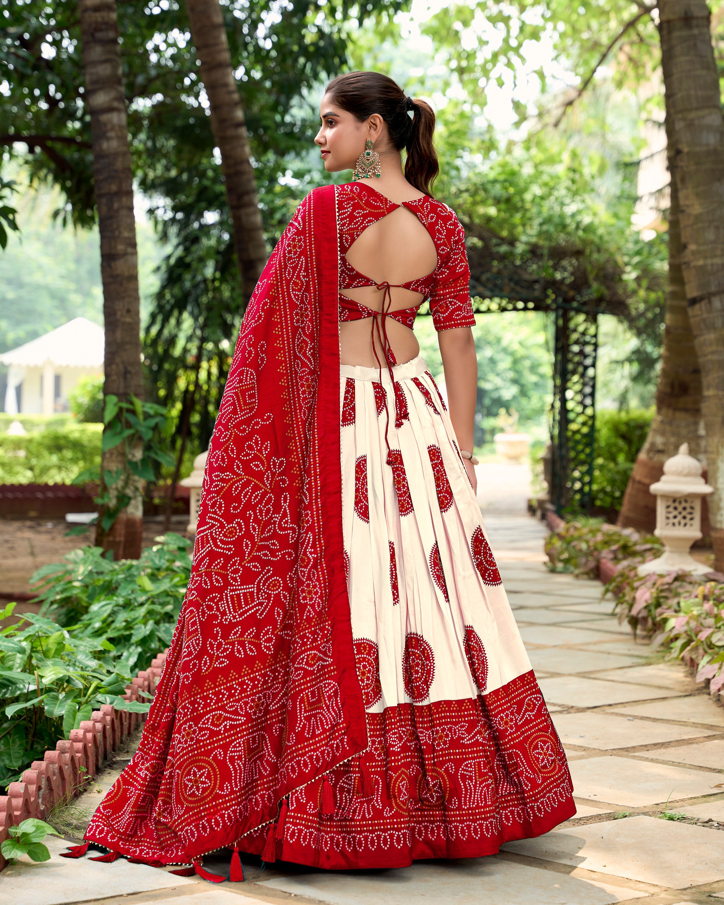 Red Color Bandhej Printed Tussar Silk Indian Lehenga Choli