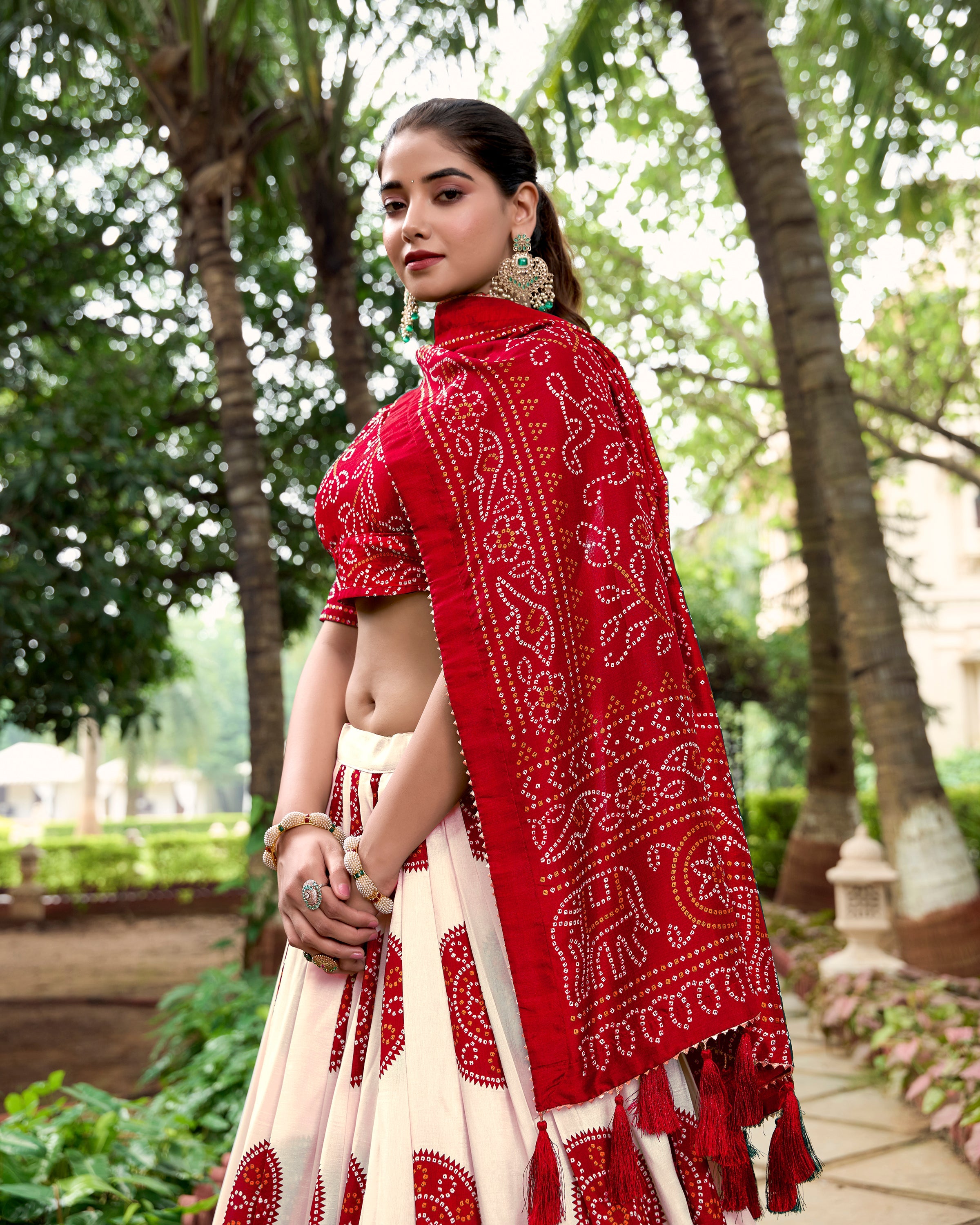 Red Color Bandhej Printed Tussar Silk Indian Lehenga Choli