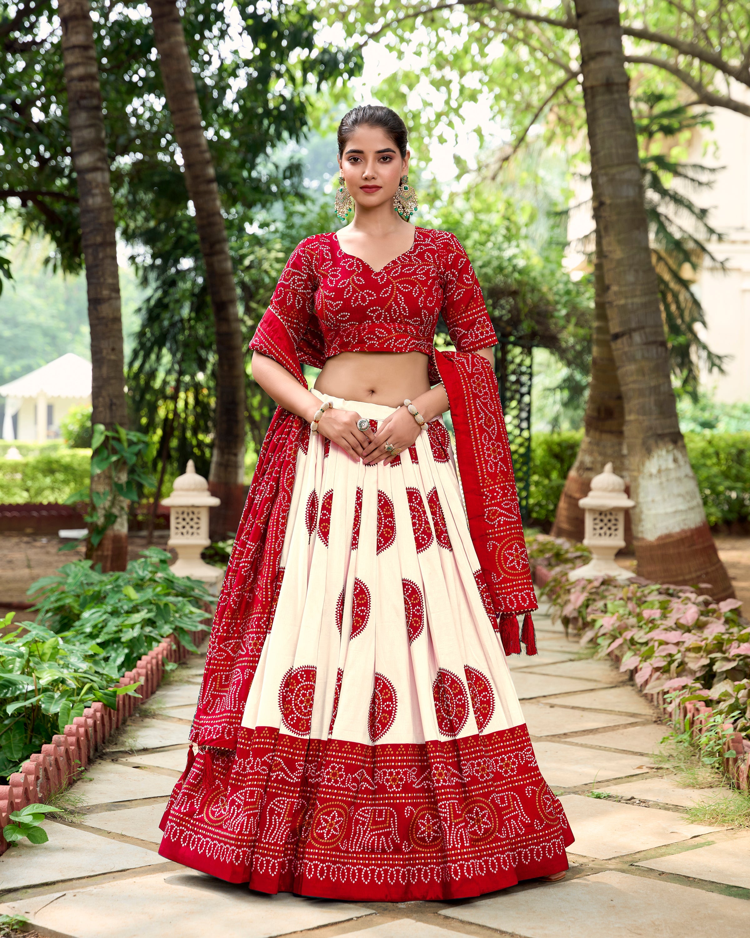 Red Color Bandhej Printed Tussar Silk Indian Lehenga Choli