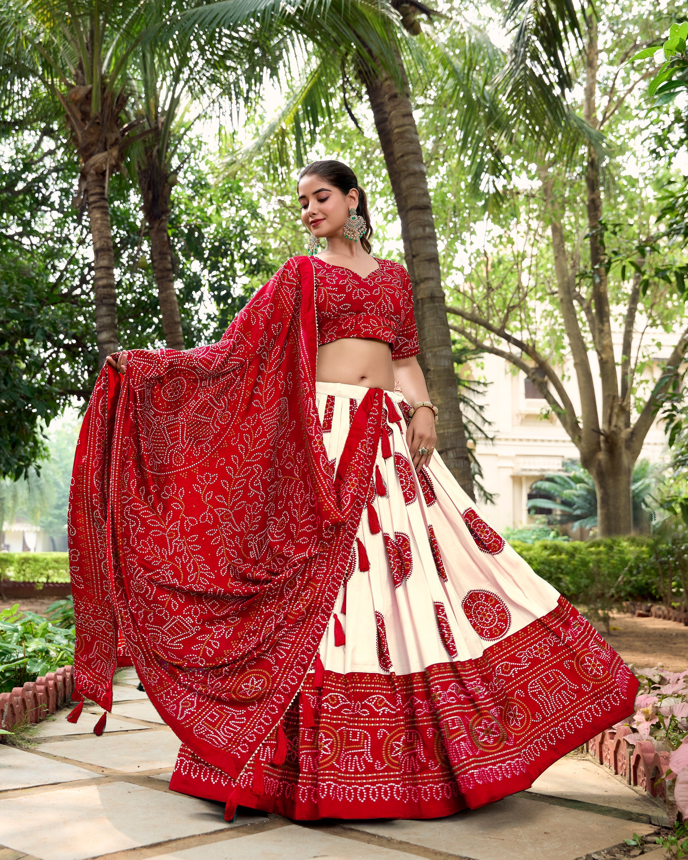 Red Color Bandhej Printed Tussar Silk Indian Lehenga Choli