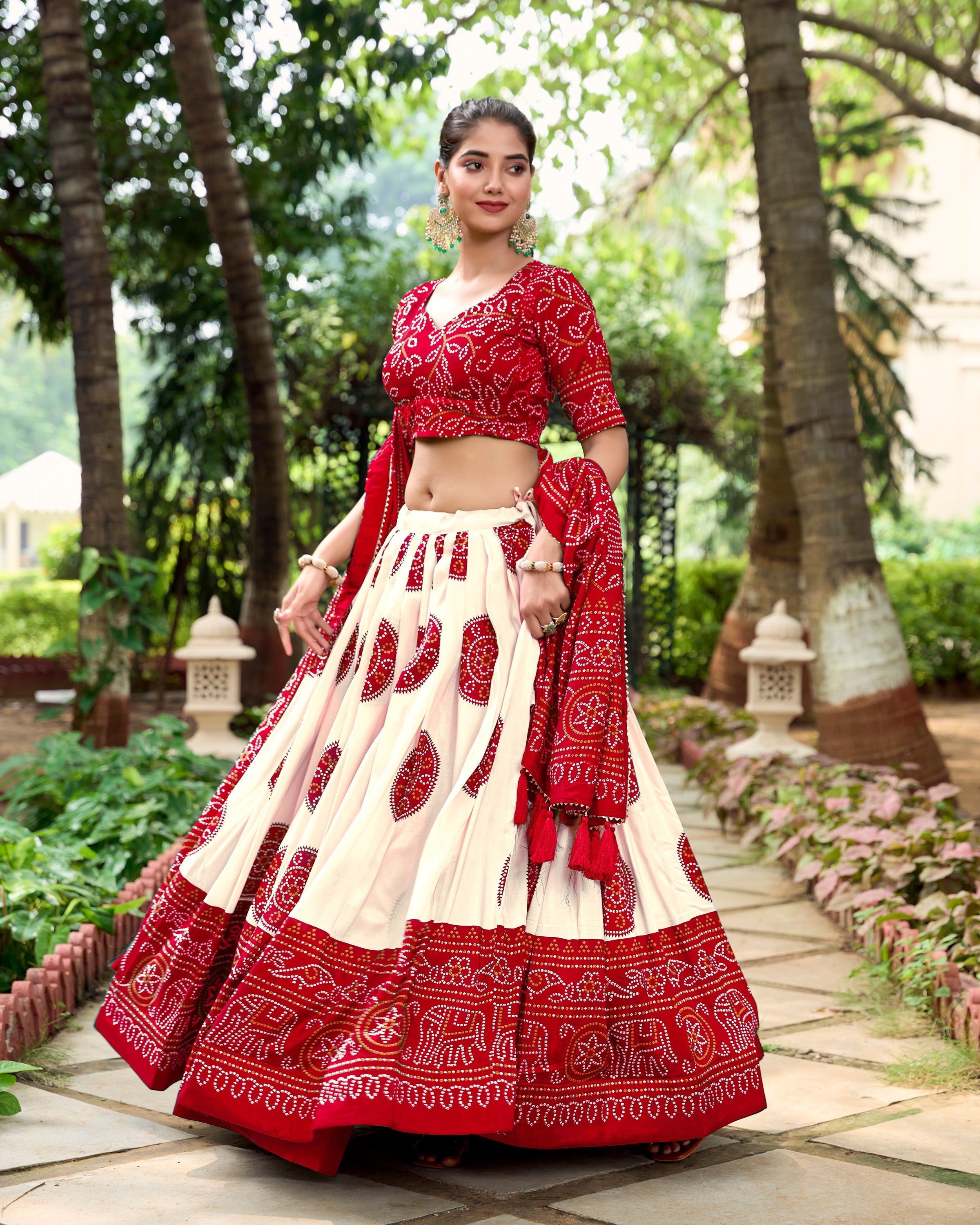 Red Color Bandhej Printed Tussar Silk Indian Lehenga Choli