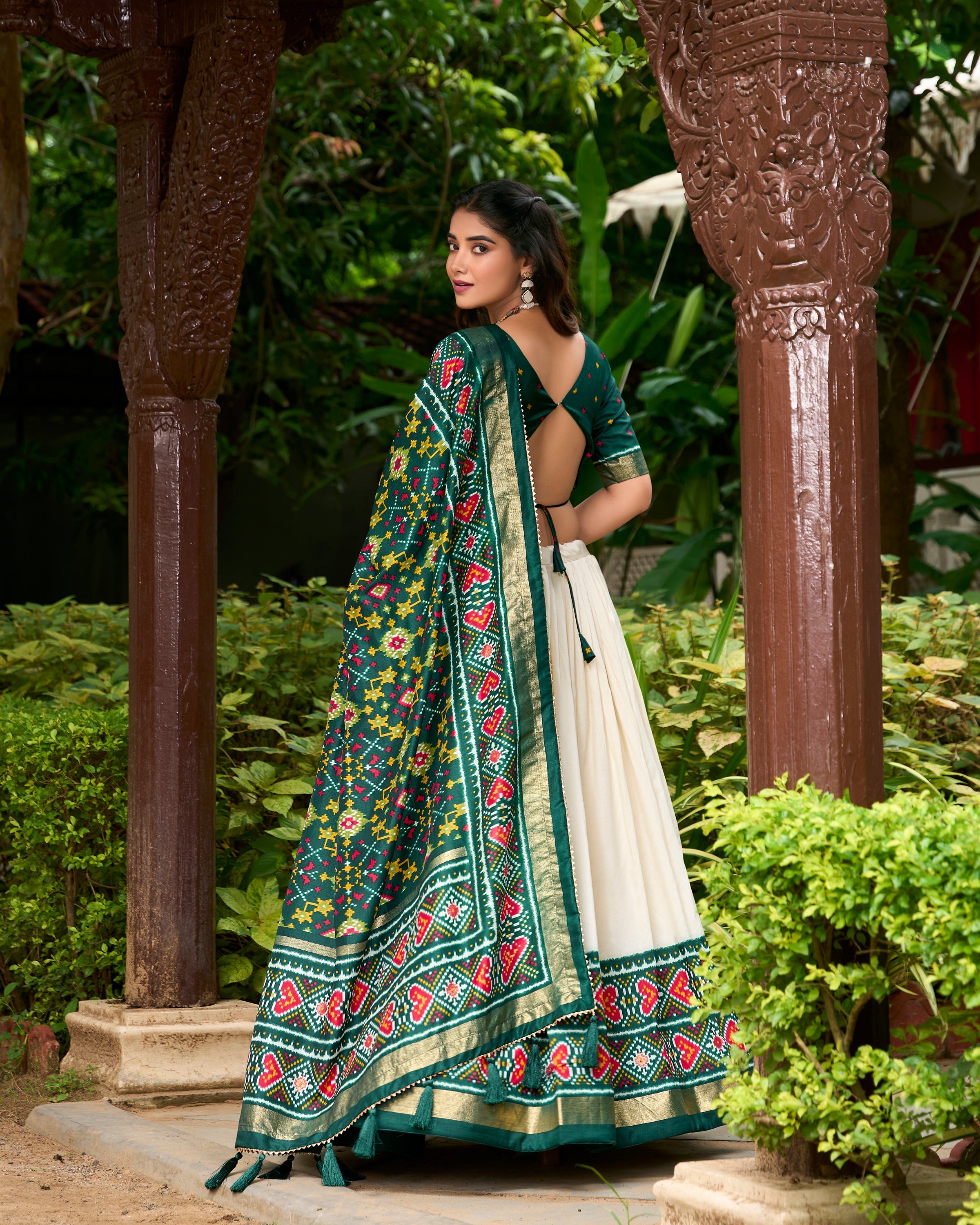 Green Color Patola Print With Tussar Silk Lehenga Choli