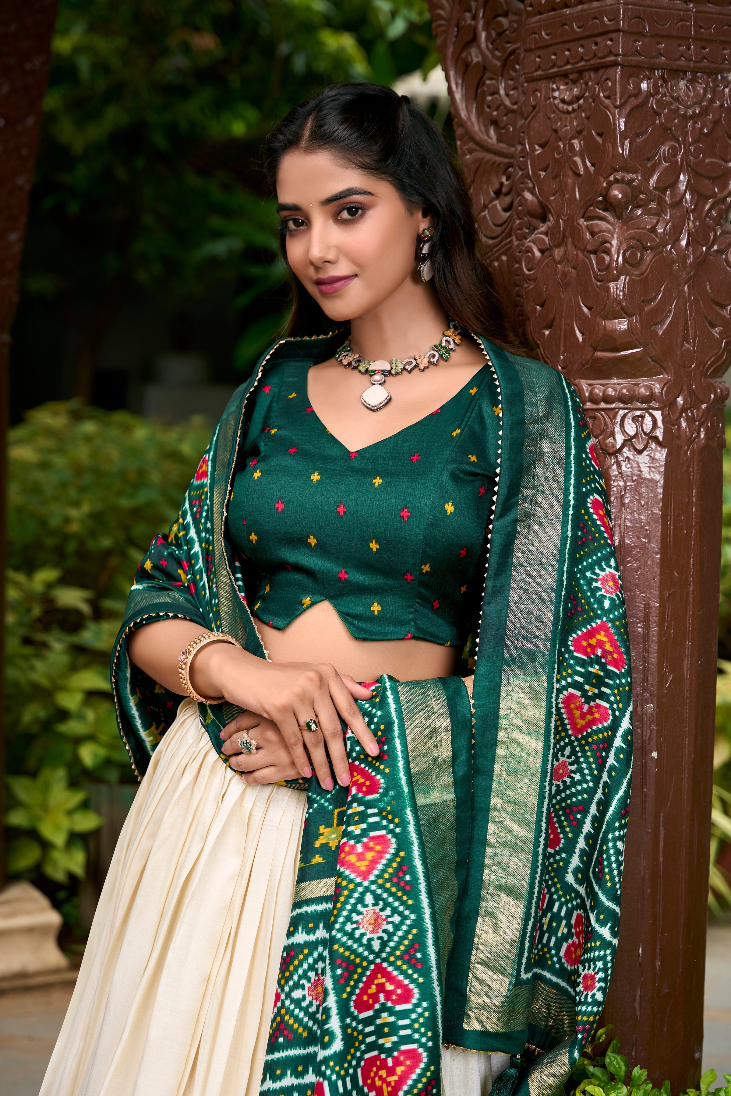 Green Color Patola Print With Tussar Silk Lehenga Choli