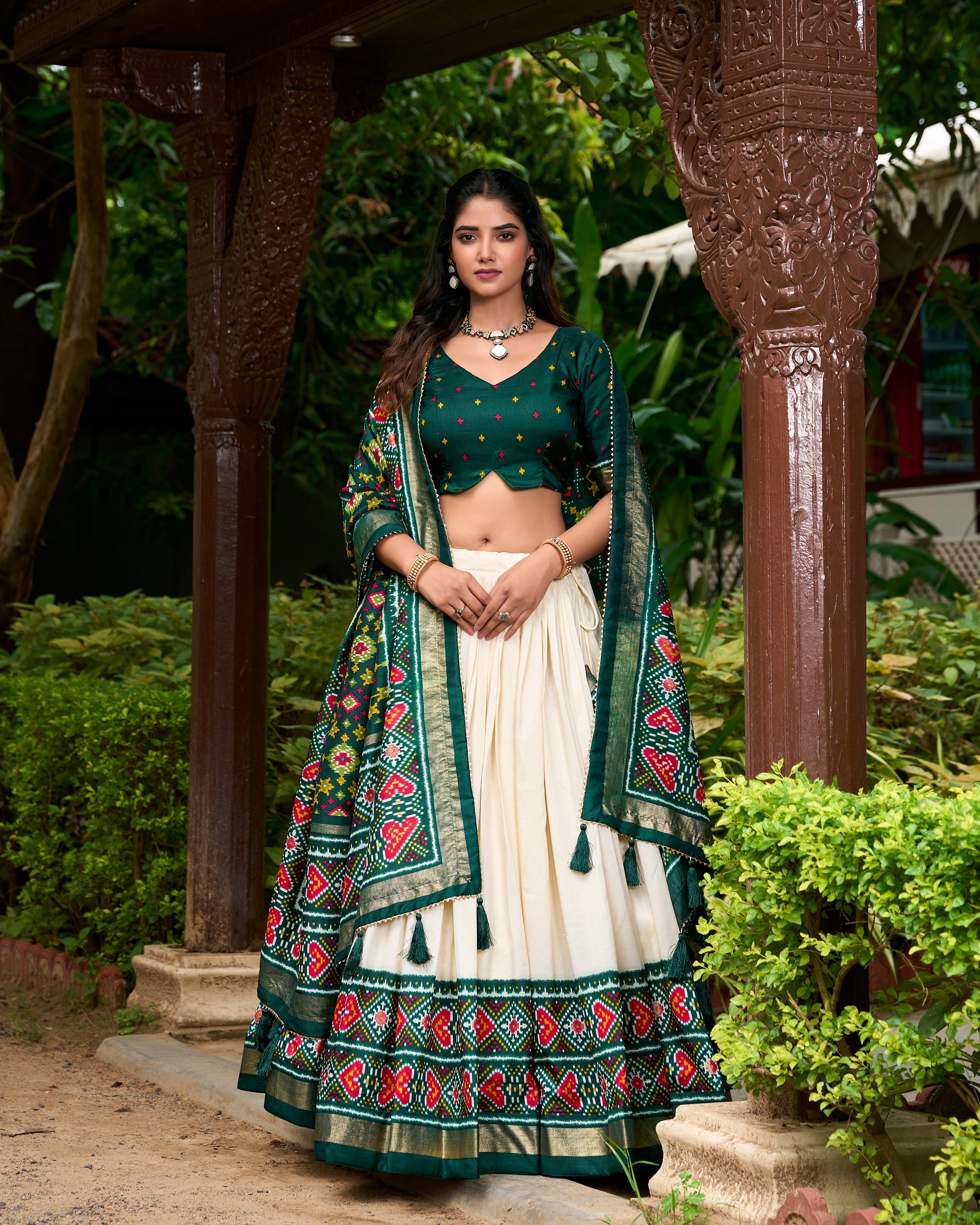 Green Color Patola Print With Tussar Silk Lehenga Choli