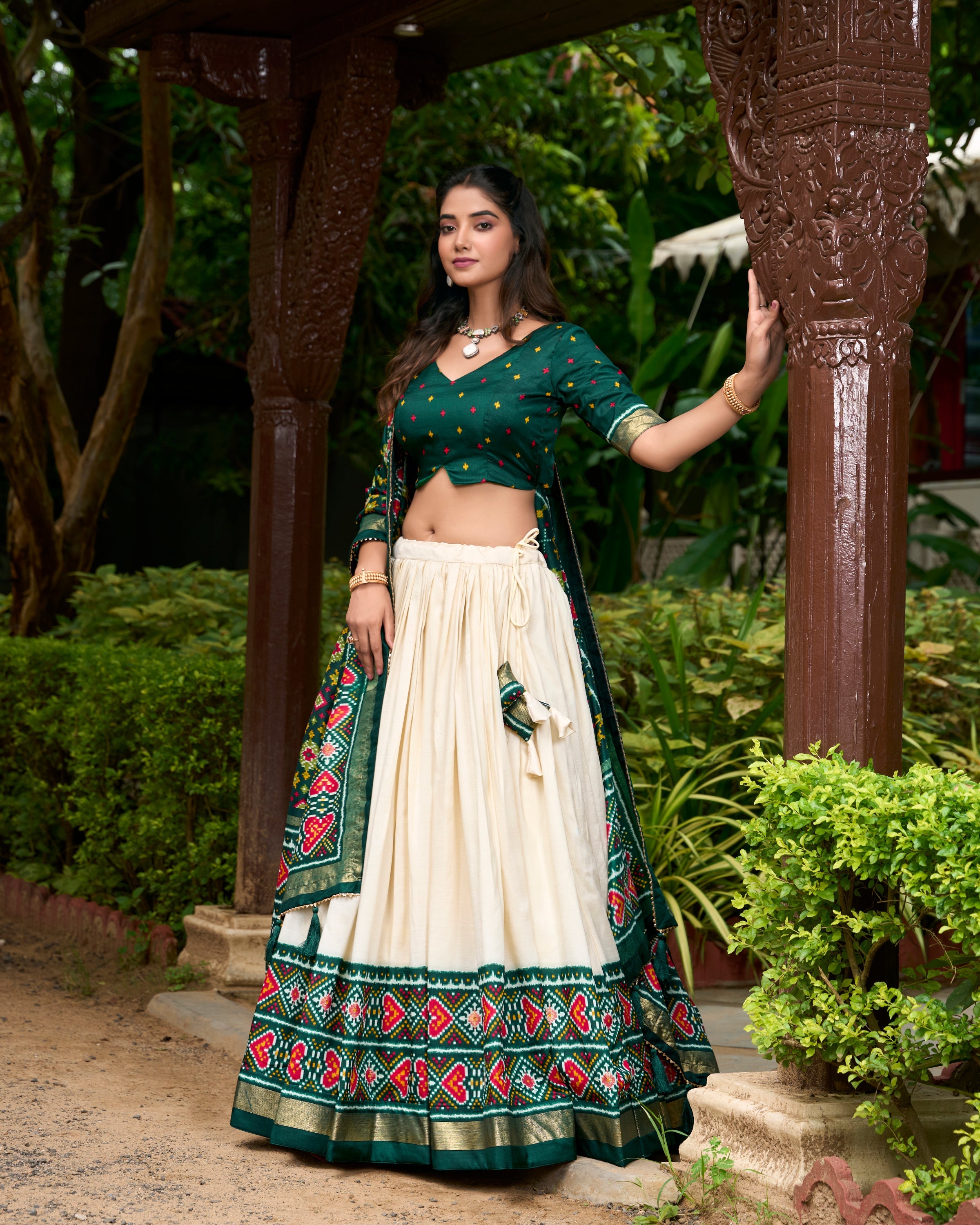 Green Color Patola Print With Tussar Silk Lehenga Choli