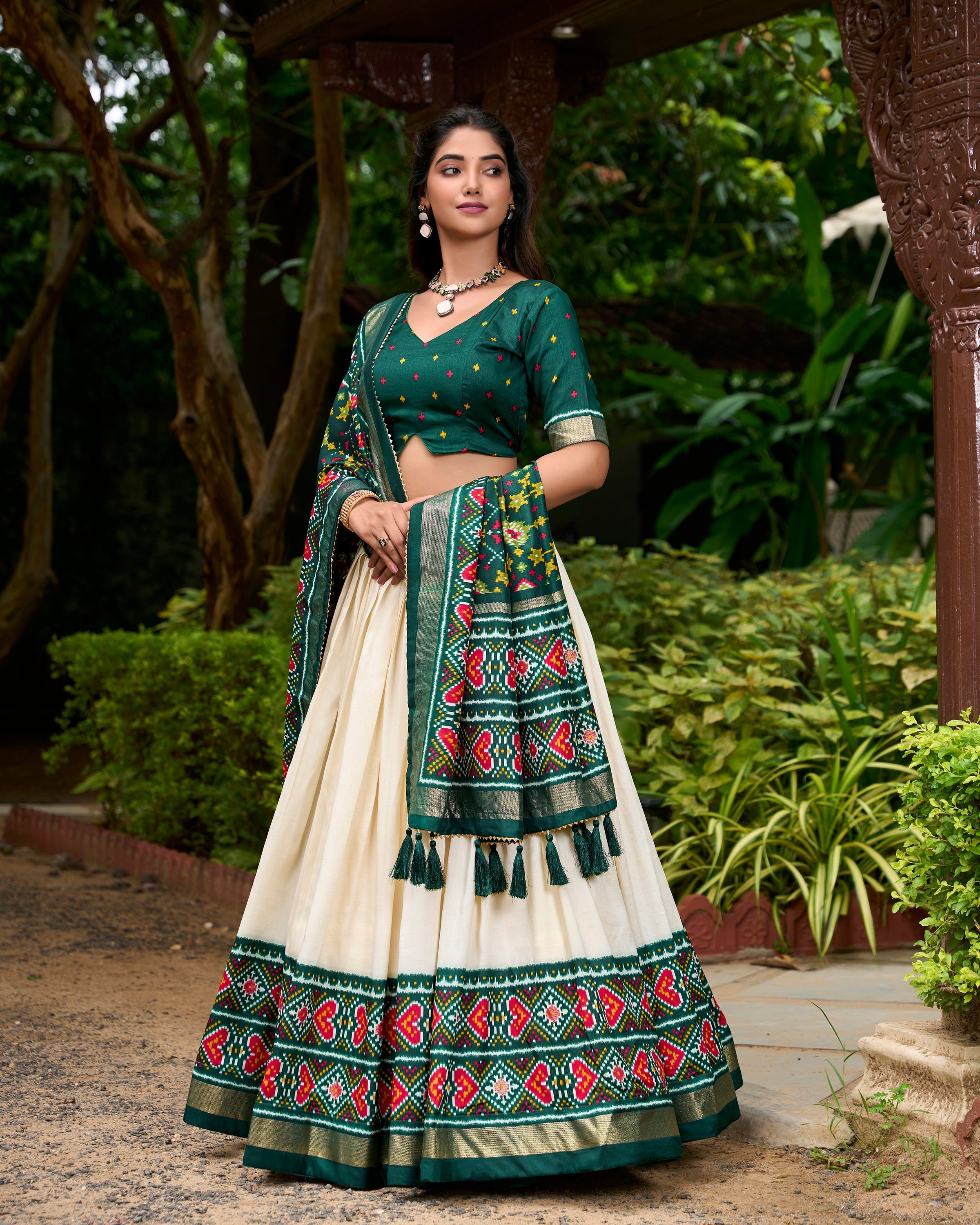 Green Color Patola Print With Tussar Silk Lehenga Choli