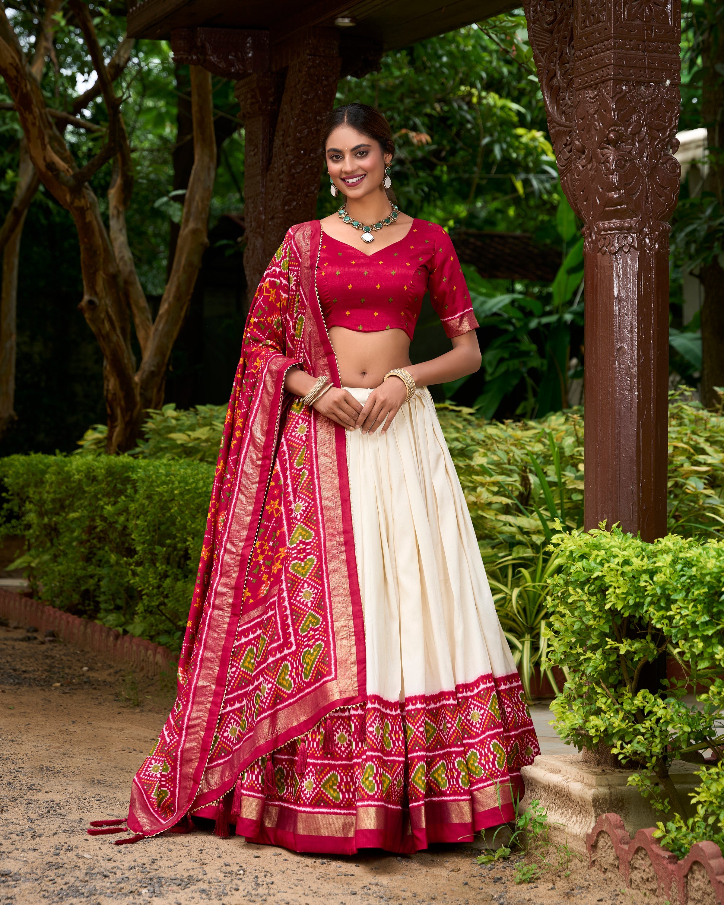Red Color Patola Print With Tussar Silk Lehenga Choli
