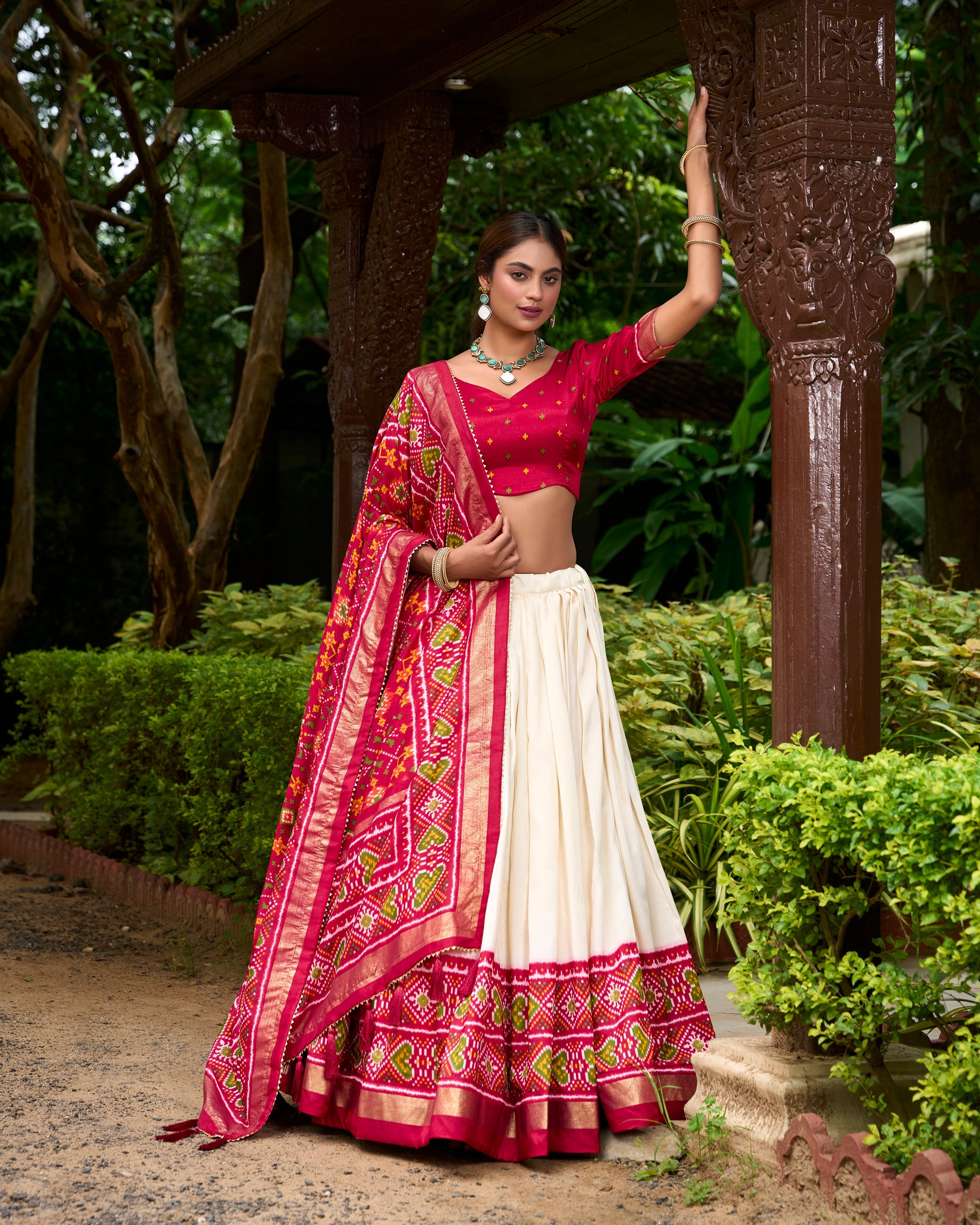 Red Color Patola Print With Tussar Silk Lehenga Choli