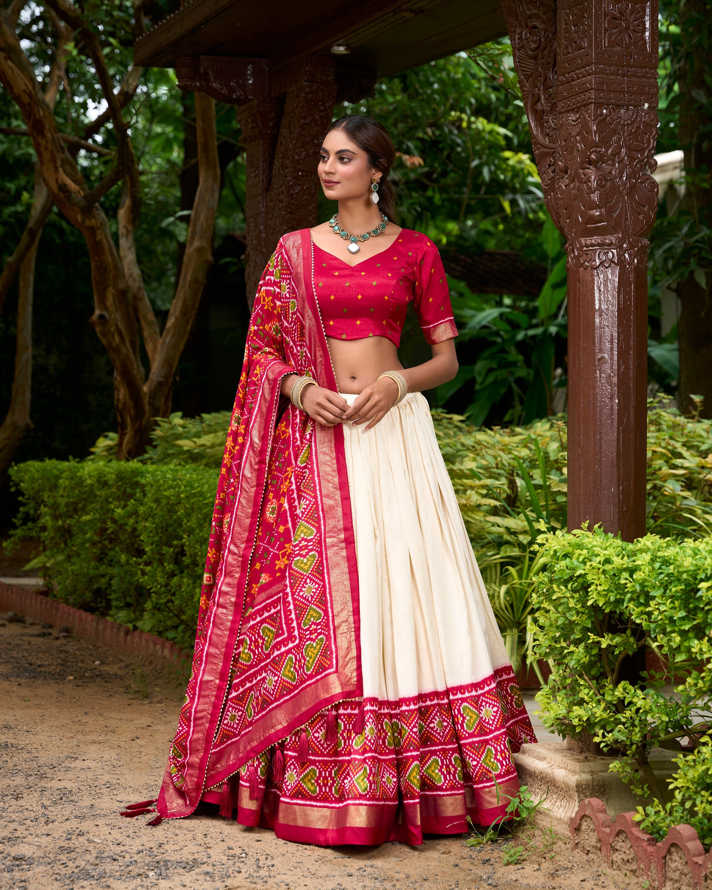 Red Color Patola Print With Tussar Silk Lehenga Choli