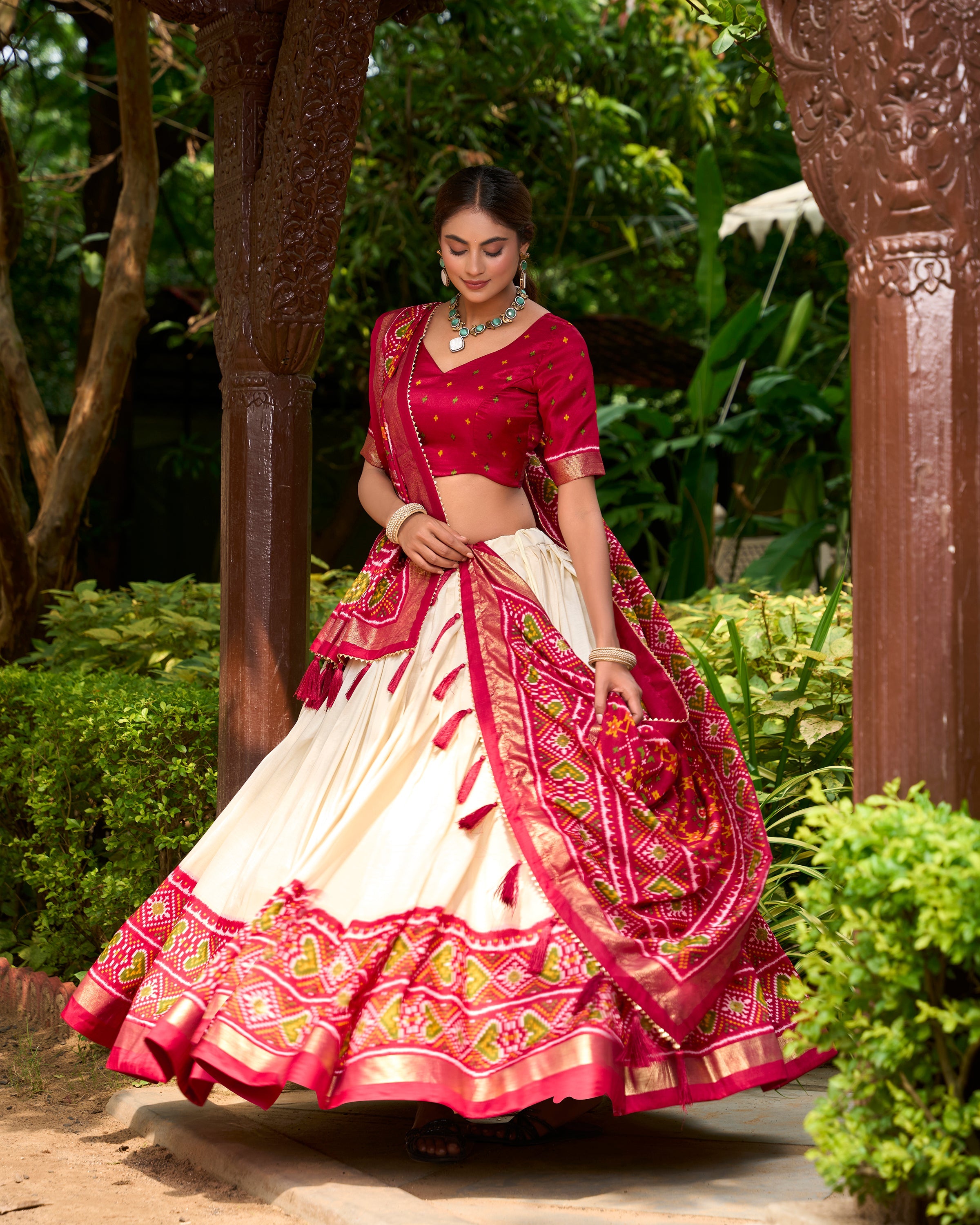 Red Color Patola Print With Tussar Silk Lehenga Choli