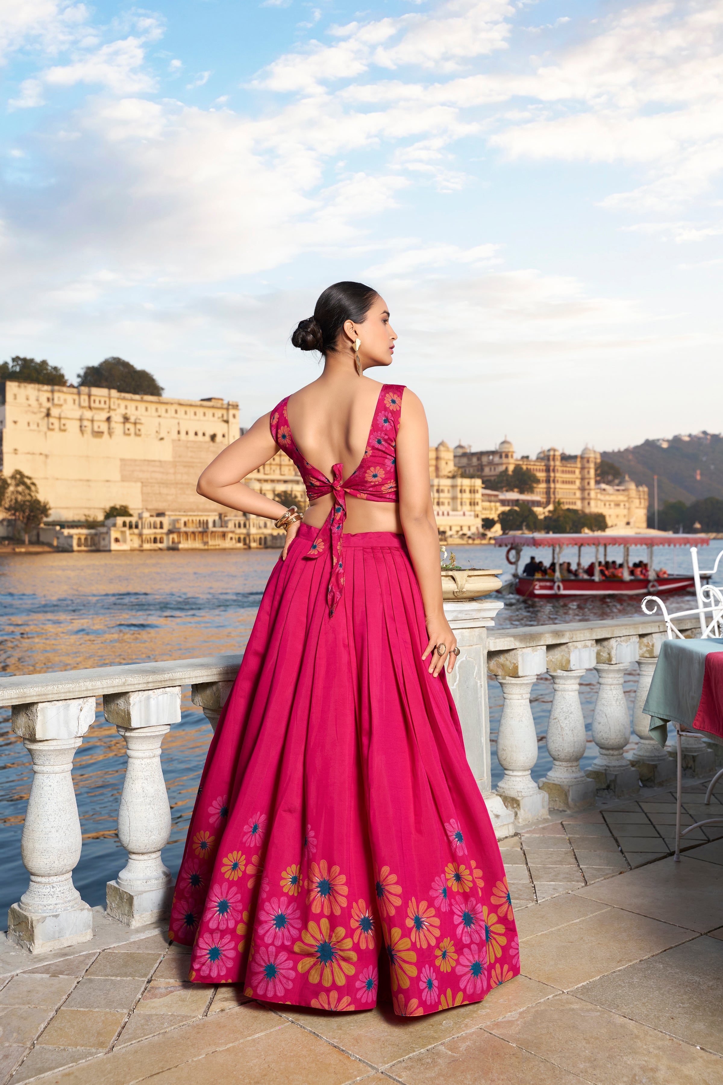 Pink Color Floral Print With Foil Work Tussar Silk Lehenga Choli