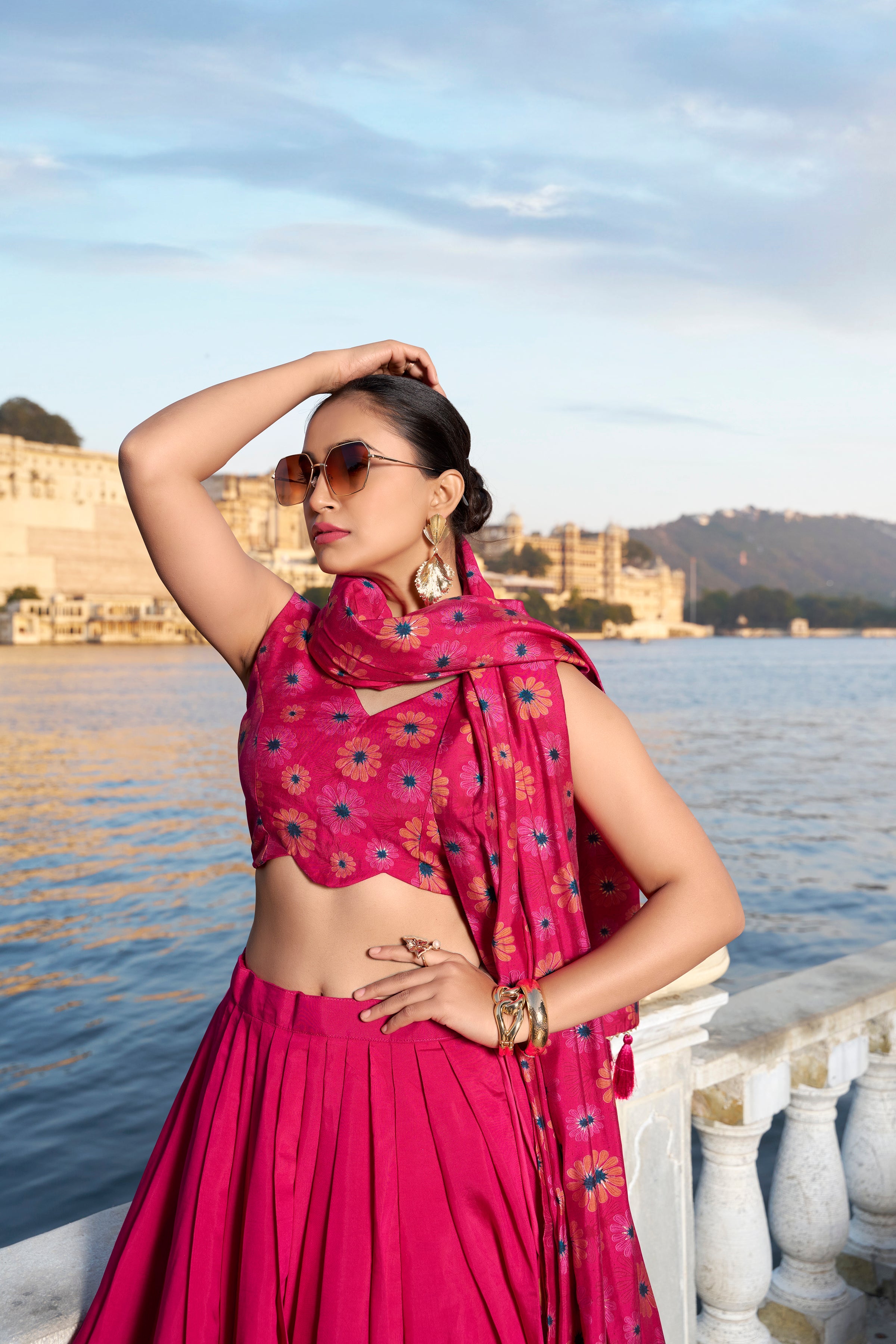 Pink Color Floral Print With Foil Work Tussar Silk Lehenga Choli