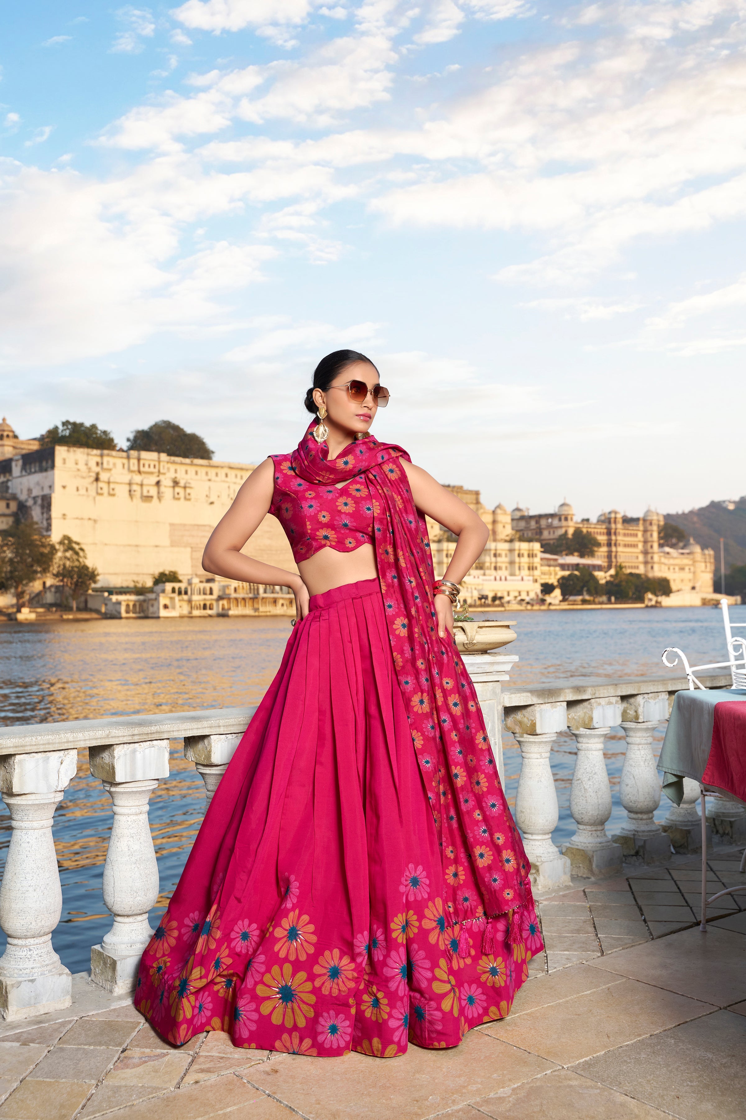 Pink Color Floral Print With Foil Work Tussar Silk Lehenga Choli