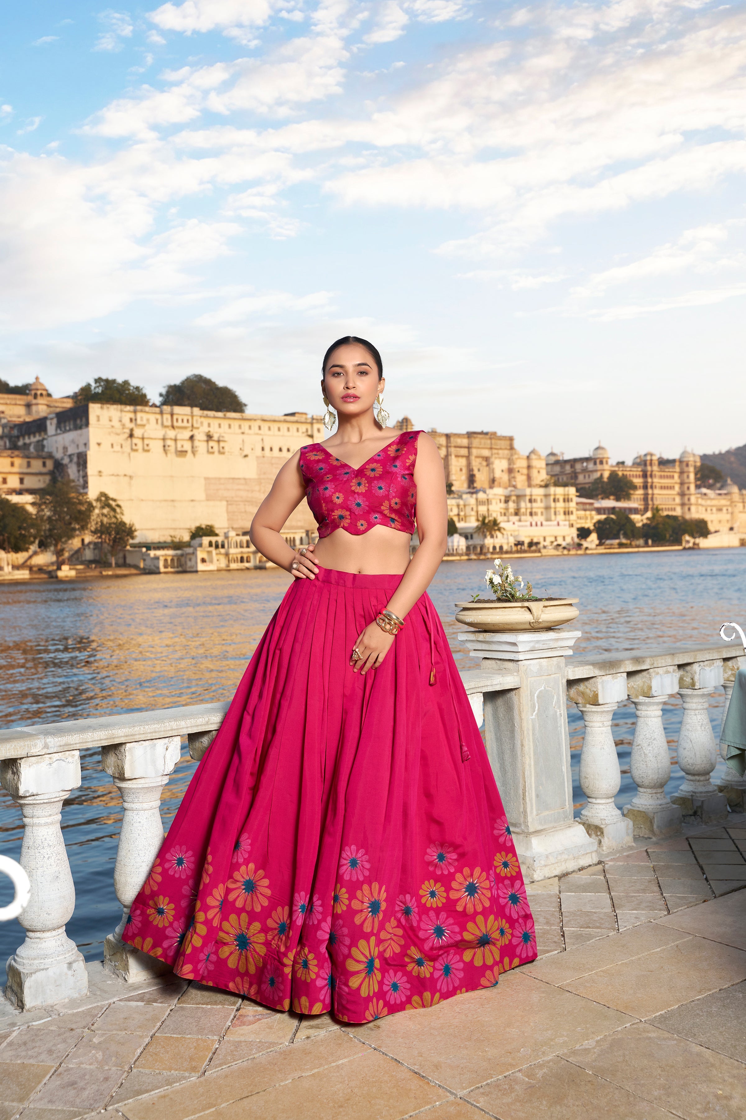 Pink Color Floral Print With Foil Work Tussar Silk Lehenga Choli