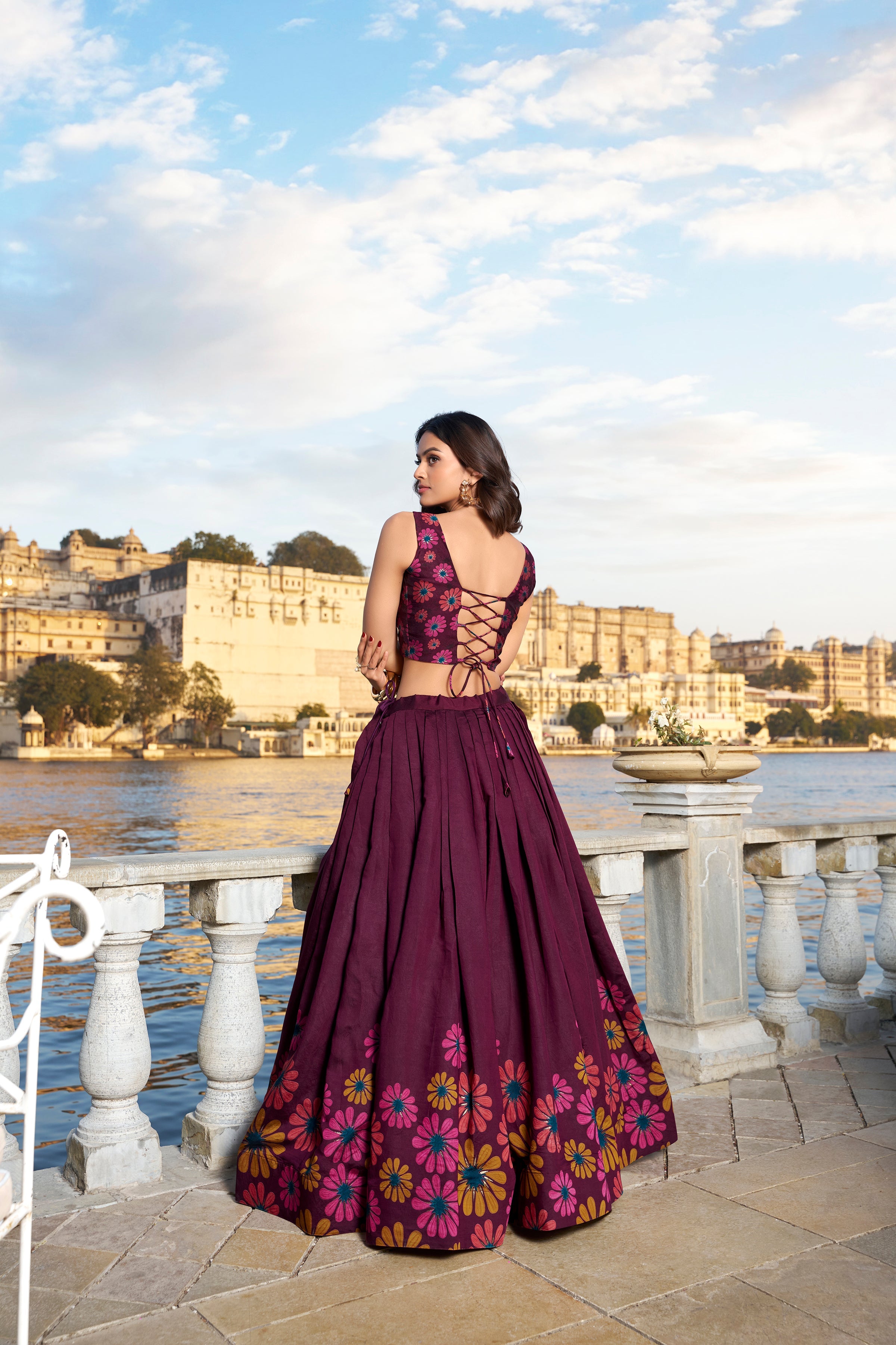 Wine Color Floral Print With Foil Work Tussar Silk Lehenga Choli
