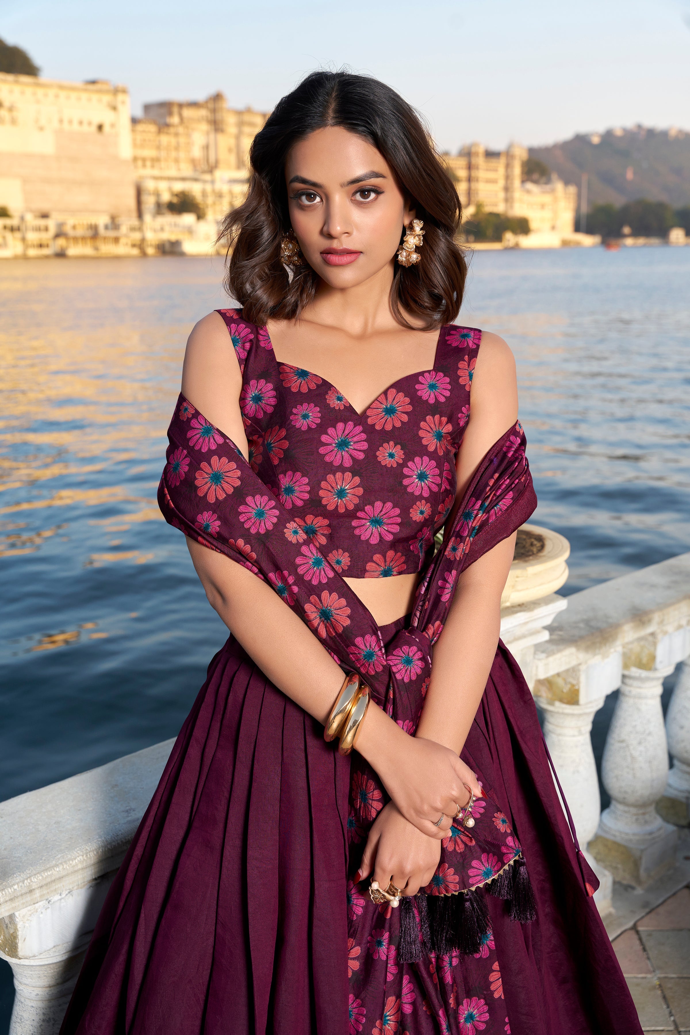 Wine Color Floral Print With Foil Work Tussar Silk Lehenga Choli