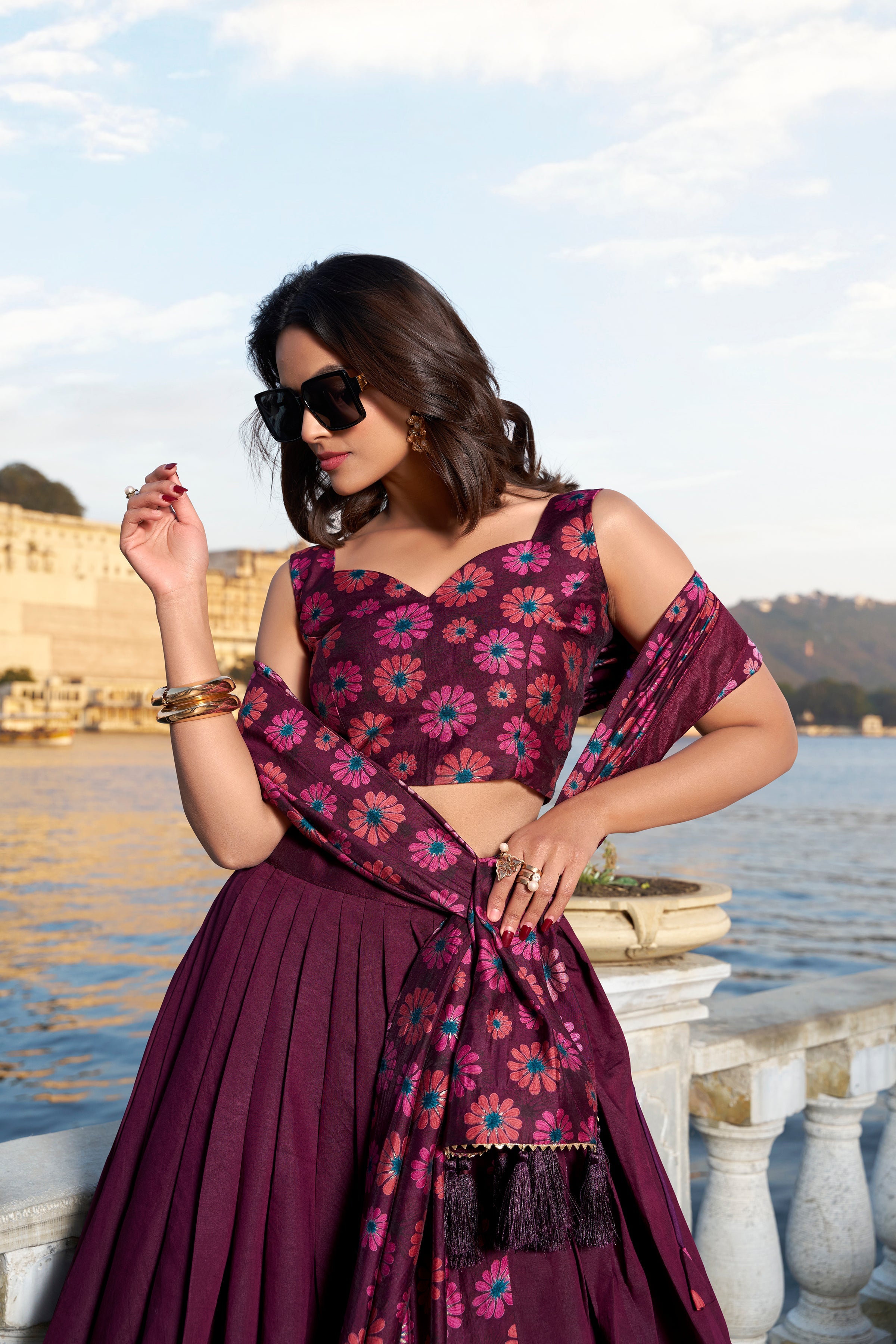 Wine Color Floral Print With Foil Work Tussar Silk Lehenga Choli