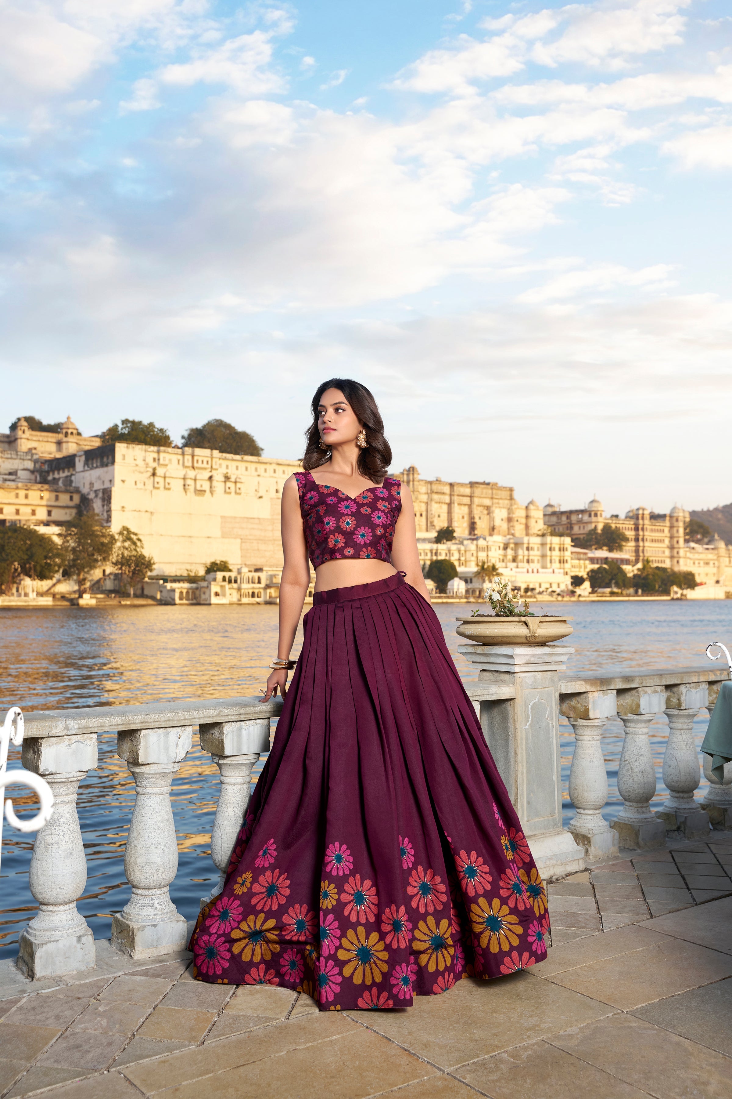 Wine Color Floral Print With Foil Work Tussar Silk Lehenga Choli