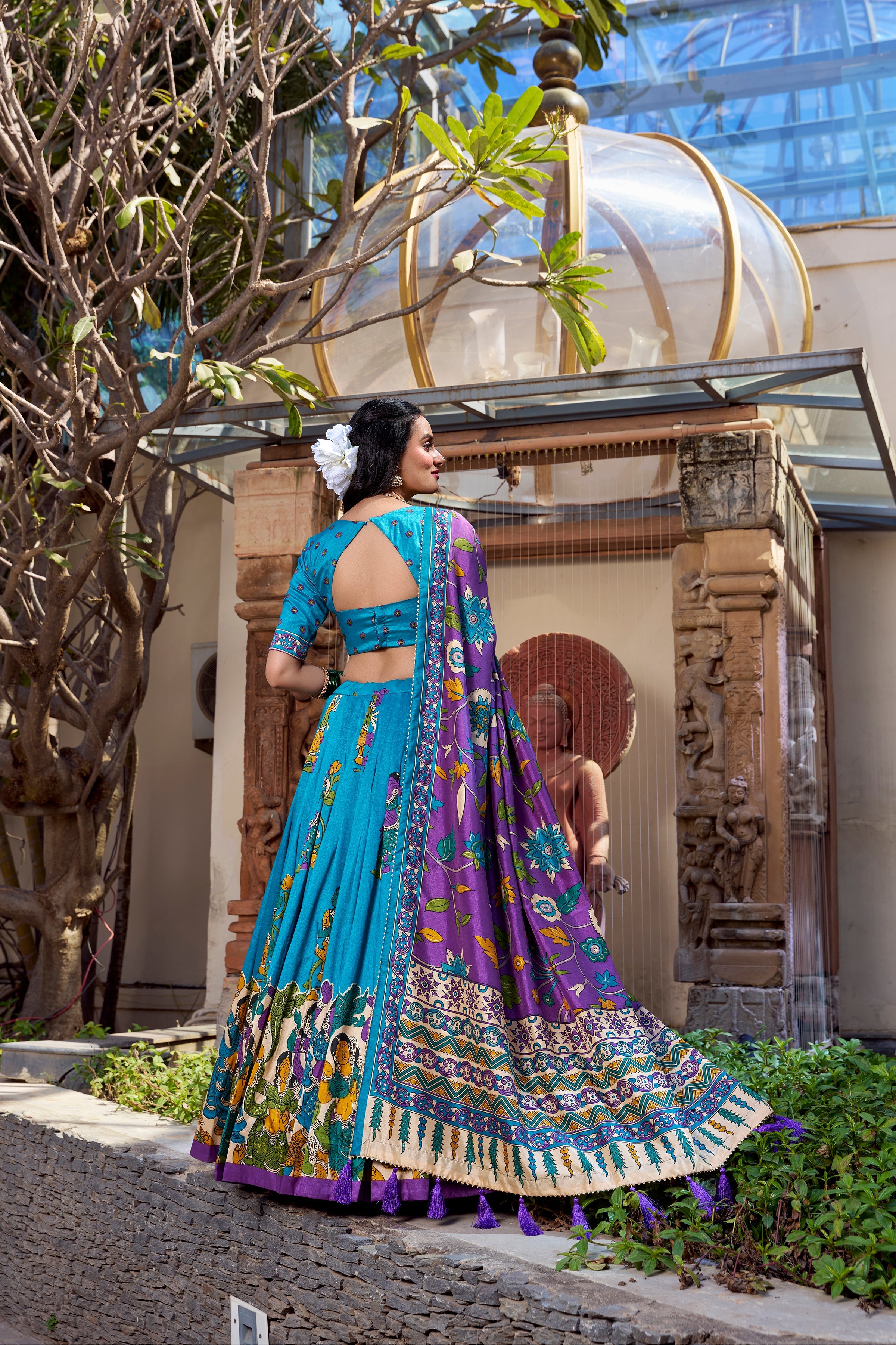 Firozi Color Kalamkari Print With Foil Work Tussar Silk Lehenga Choli