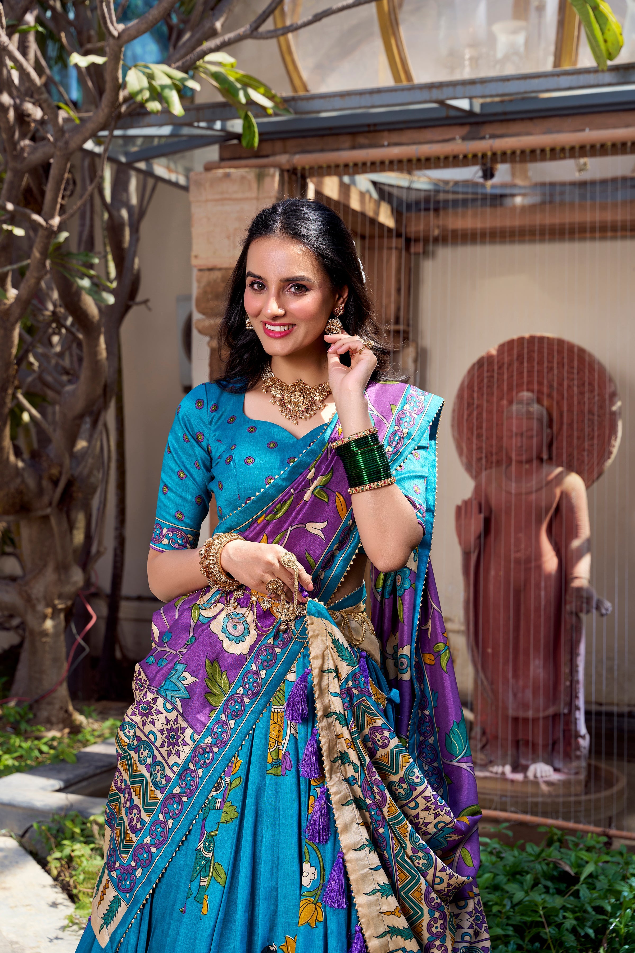 Firozi Color Kalamkari Print With Foil Work Tussar Silk Lehenga Choli