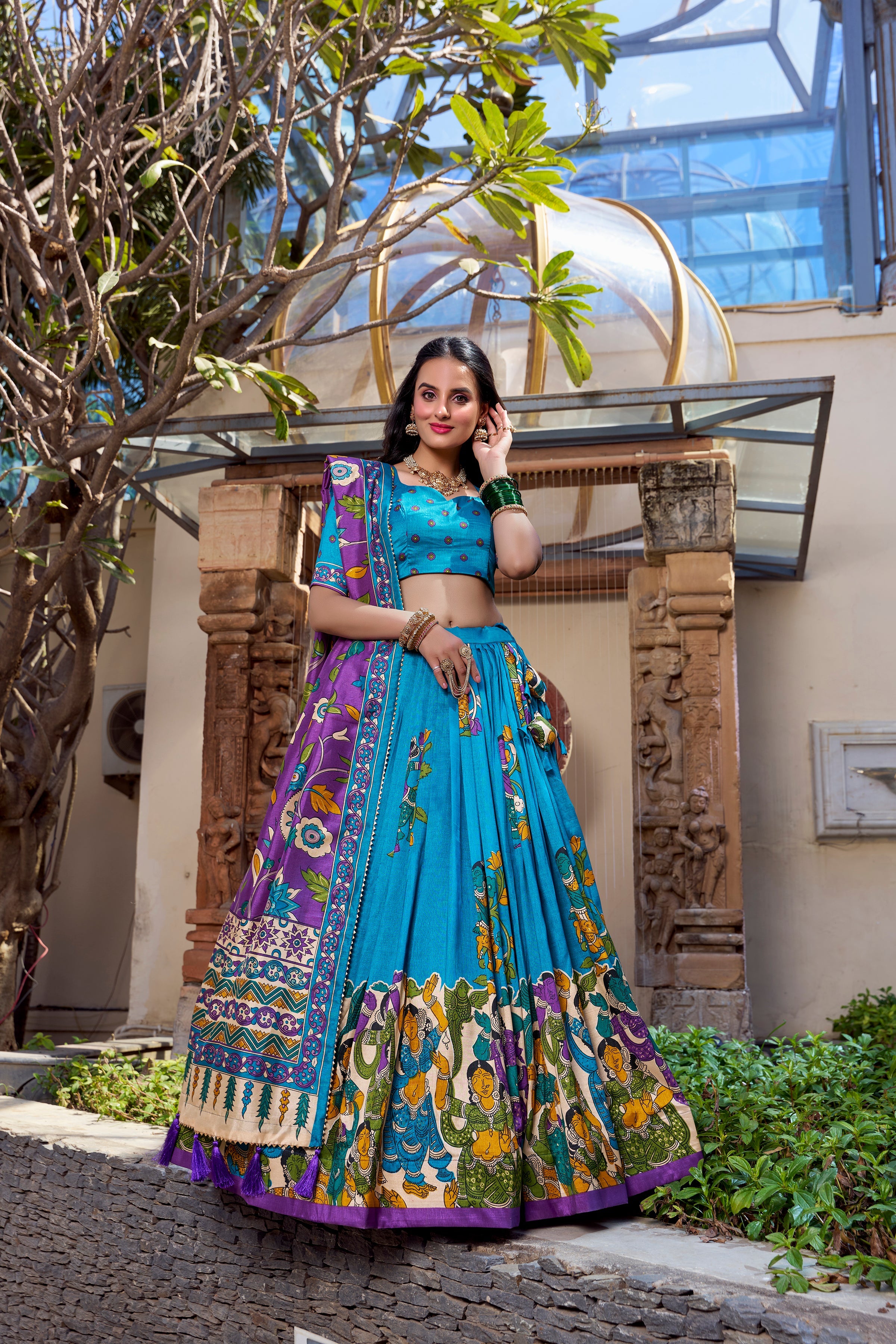 Firozi Color Kalamkari Print With Foil Work Tussar Silk Lehenga Choli