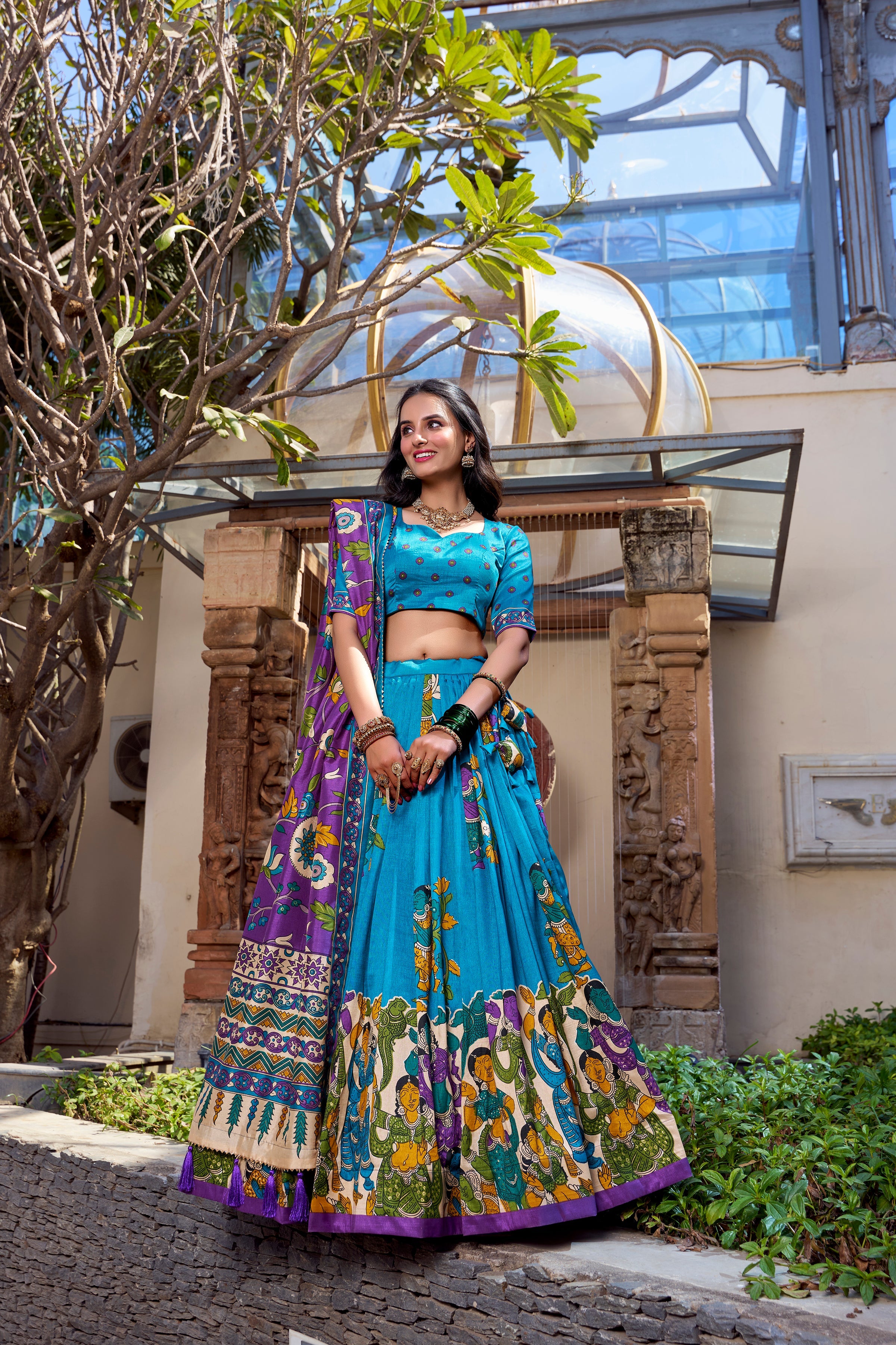 Firozi Color Kalamkari Print With Foil Work Tussar Silk Lehenga Choli