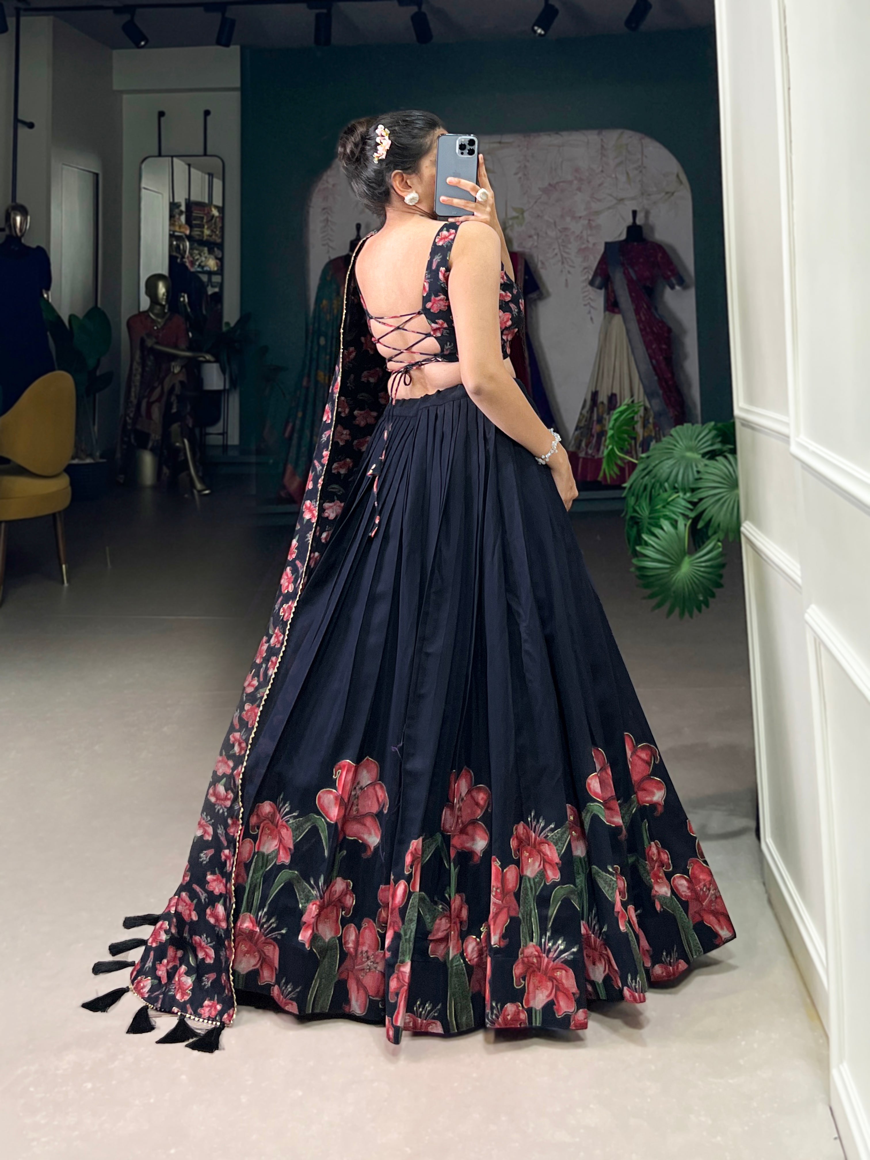 Designer Navy Blue Tussar Silk Floral Printed Lehenga Choli
