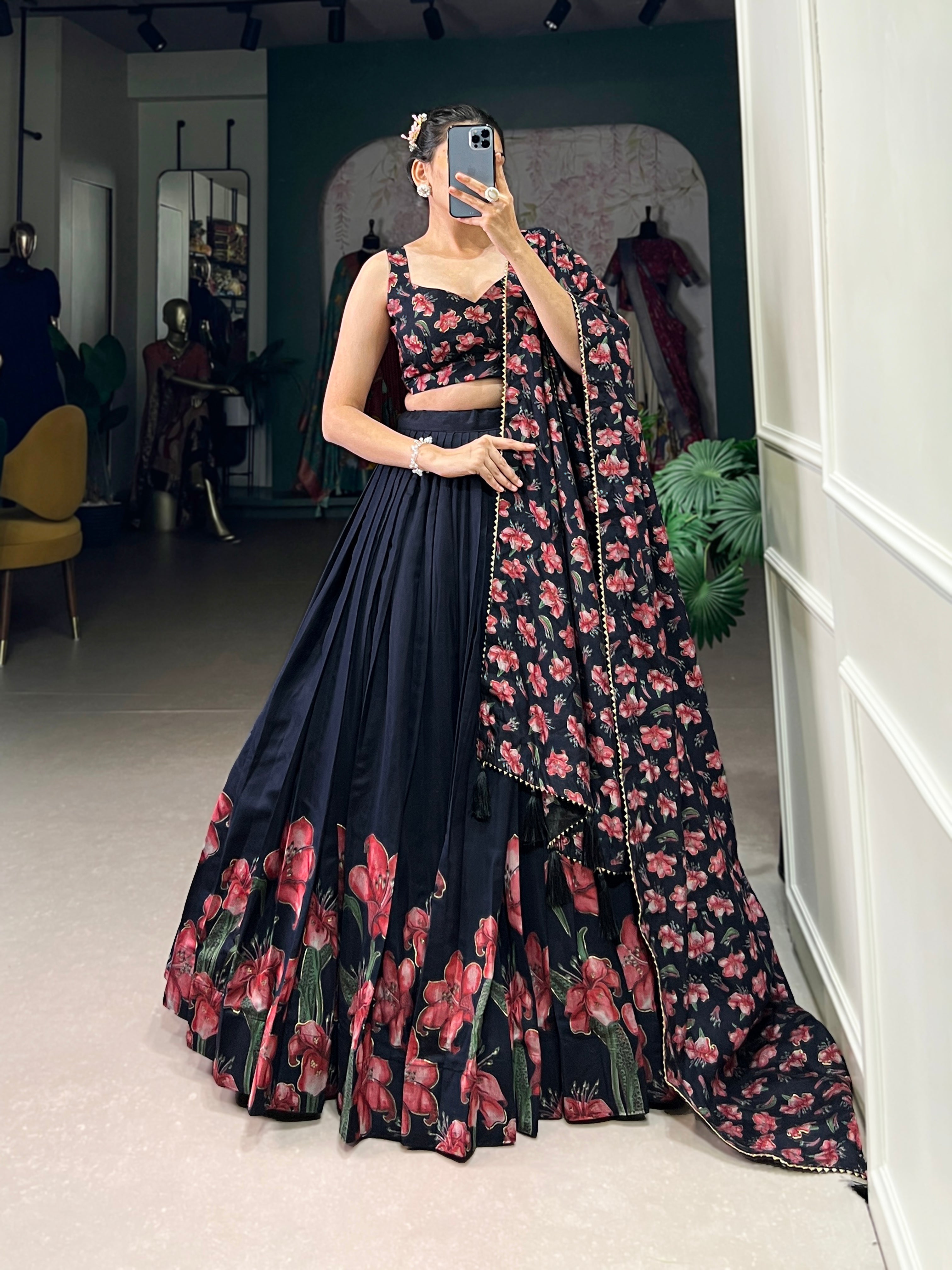 Designer Navy Blue Tussar Silk Floral Printed Lehenga Choli