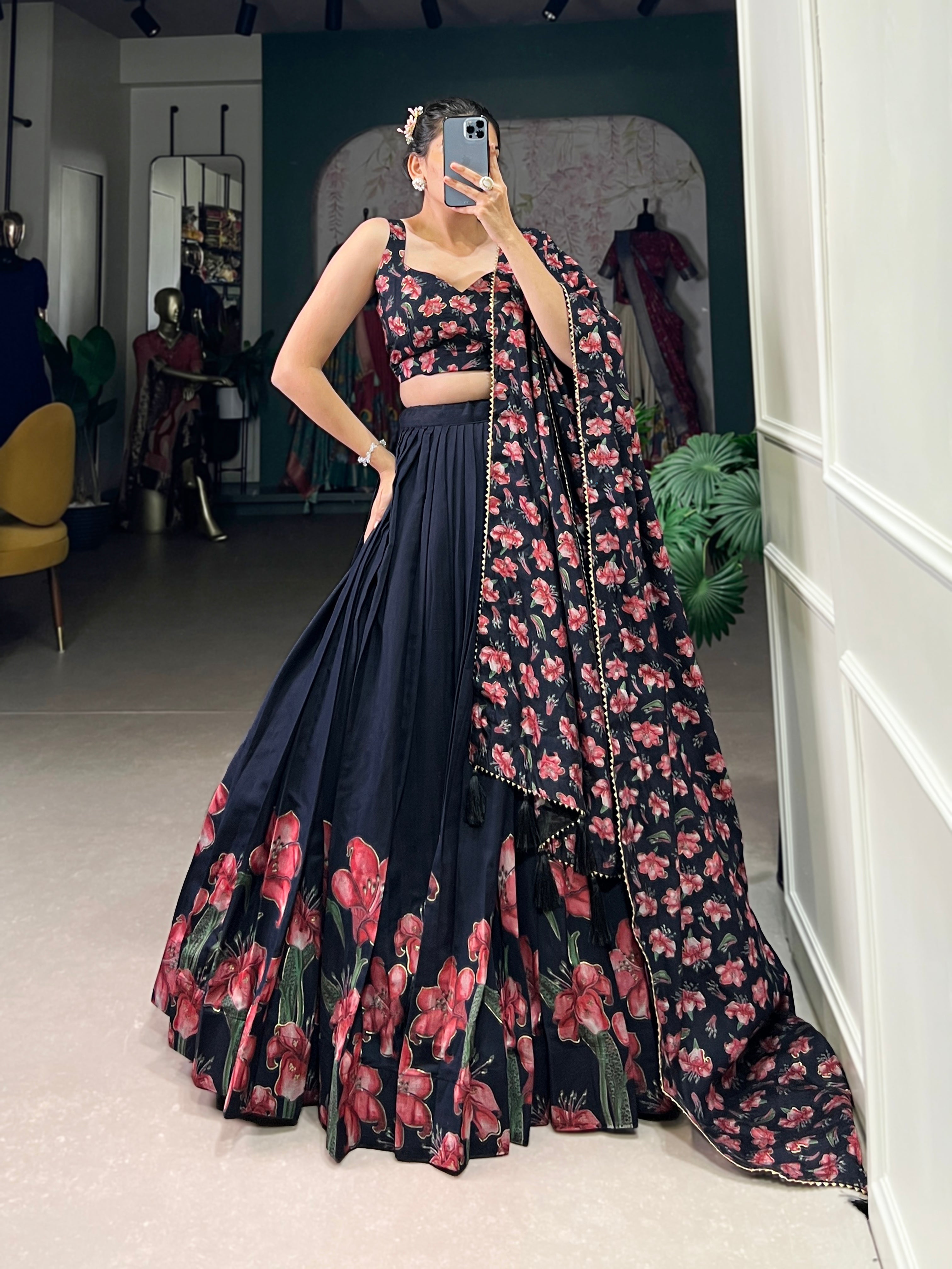 Designer Navy Blue Tussar Silk Floral Printed Lehenga Choli