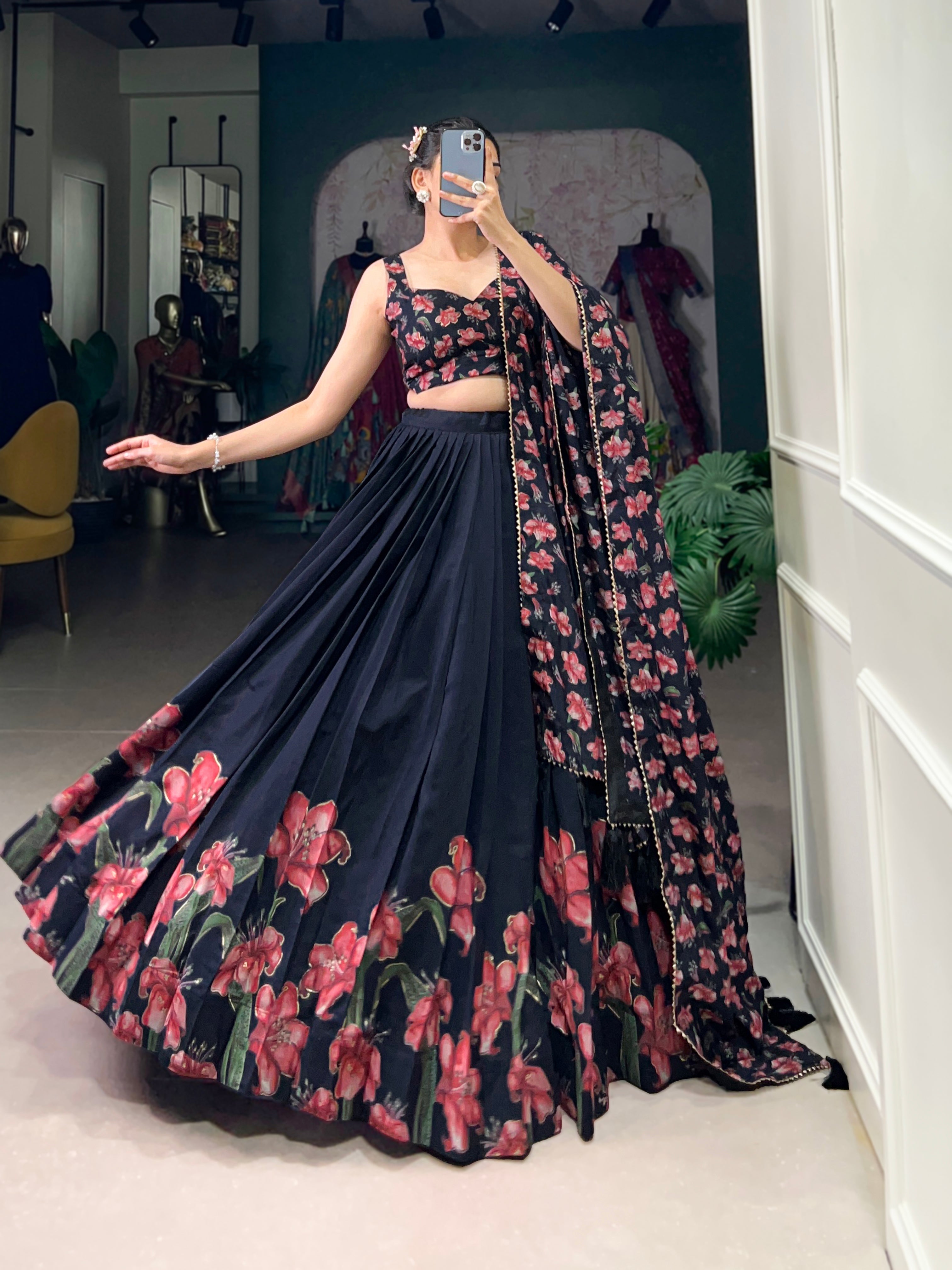 Designer Navy Blue Tussar Silk Floral Printed Lehenga Choli