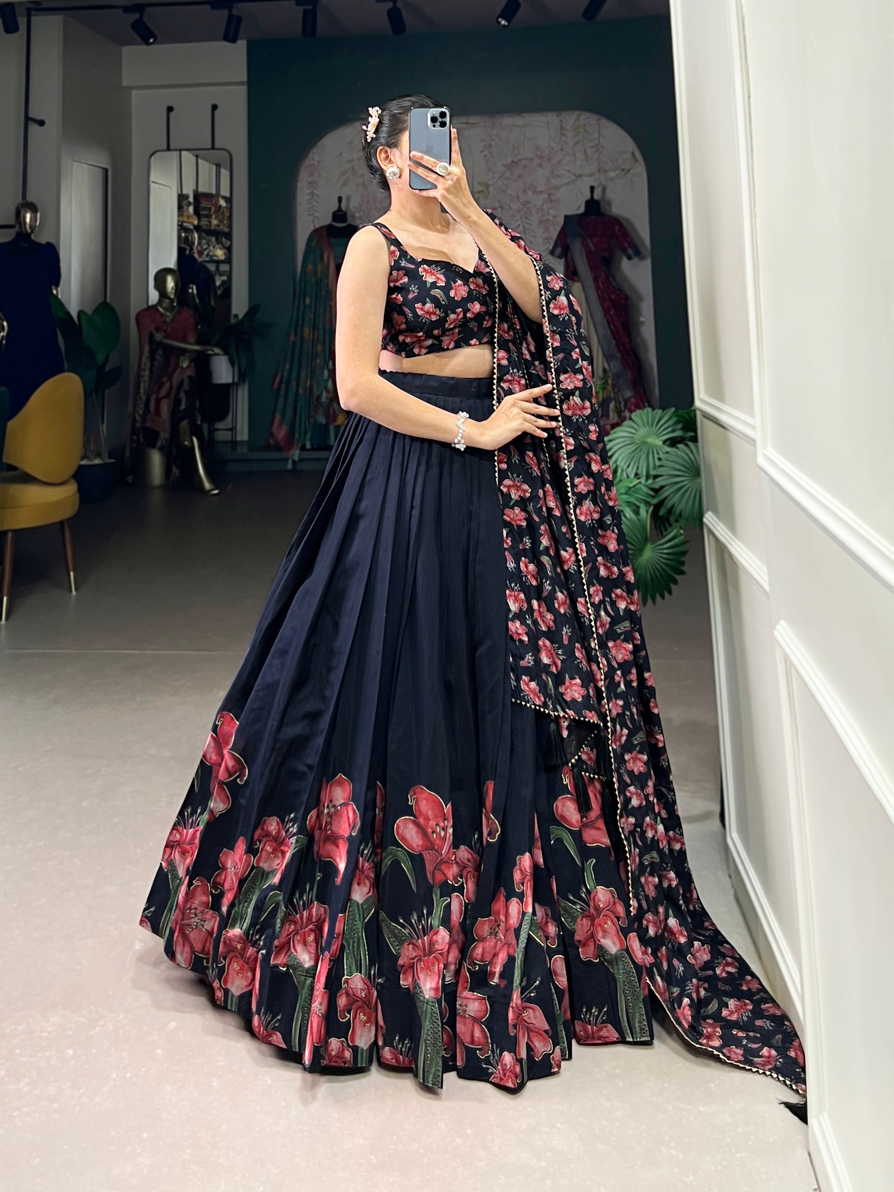 Designer Navy Blue Tussar Silk Floral Printed Lehenga Choli