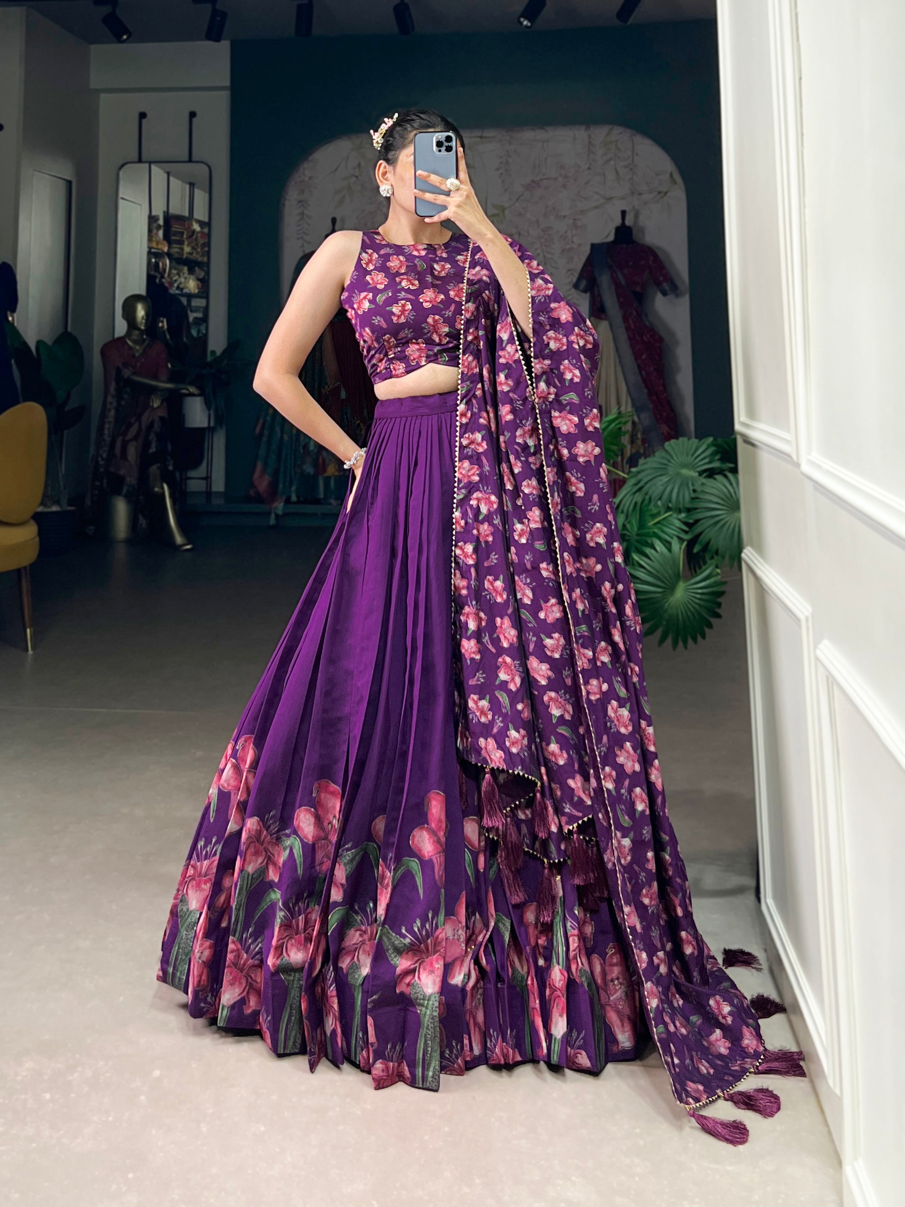 Floral Print Lehenga Choli in Purple Tussar Silk With Foil Work and Dupatta