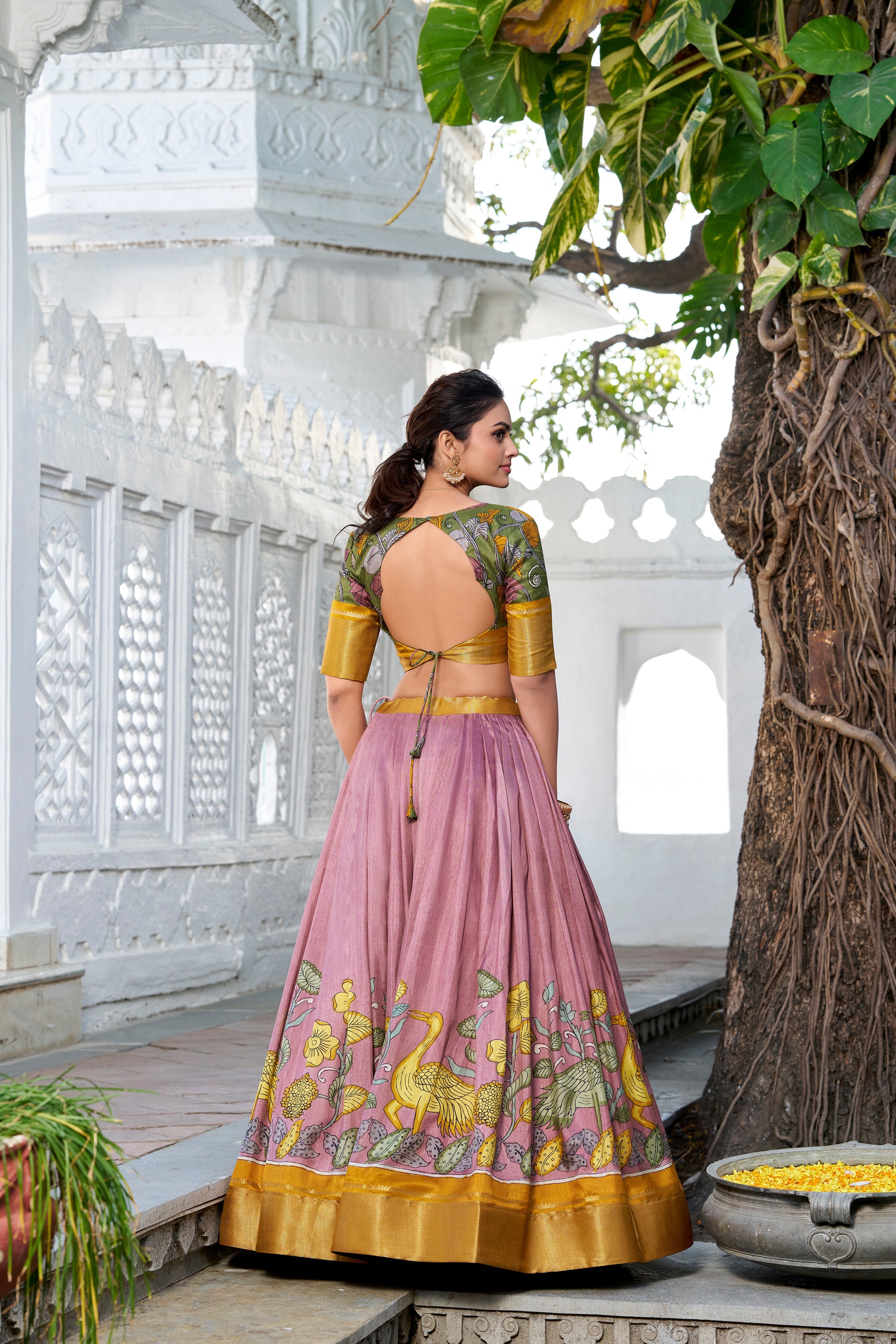 Onion Color Printed With Zari Weaving Border Jacquard Silk Lehenga Choli