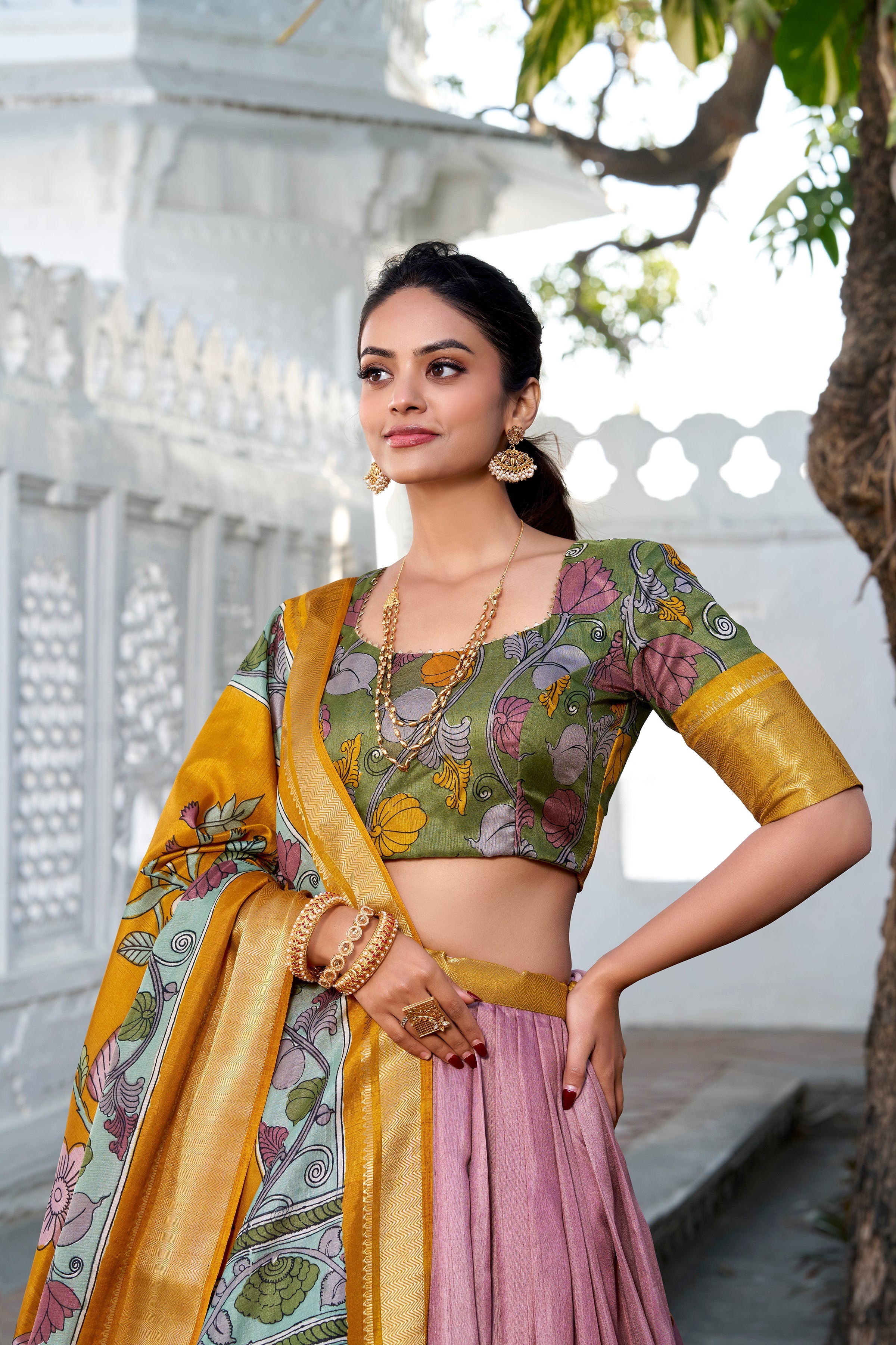 Onion Color Printed With Zari Weaving Border Jacquard Silk Lehenga Choli