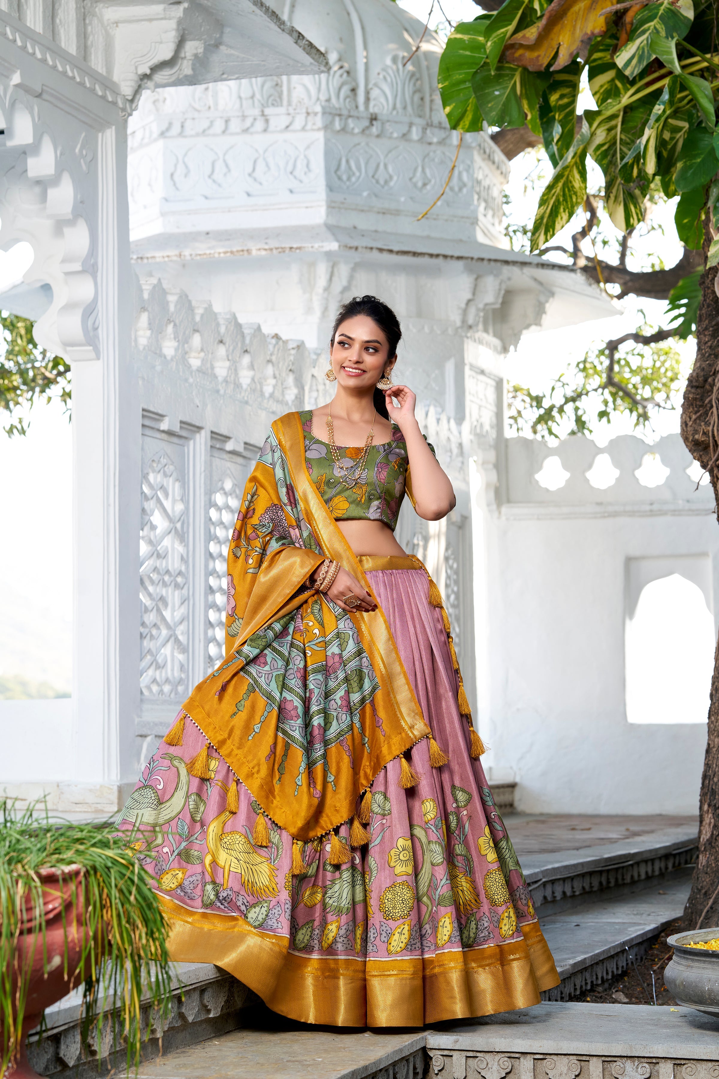 Onion Color Printed With Zari Weaving Border Jacquard Silk Lehenga Choli