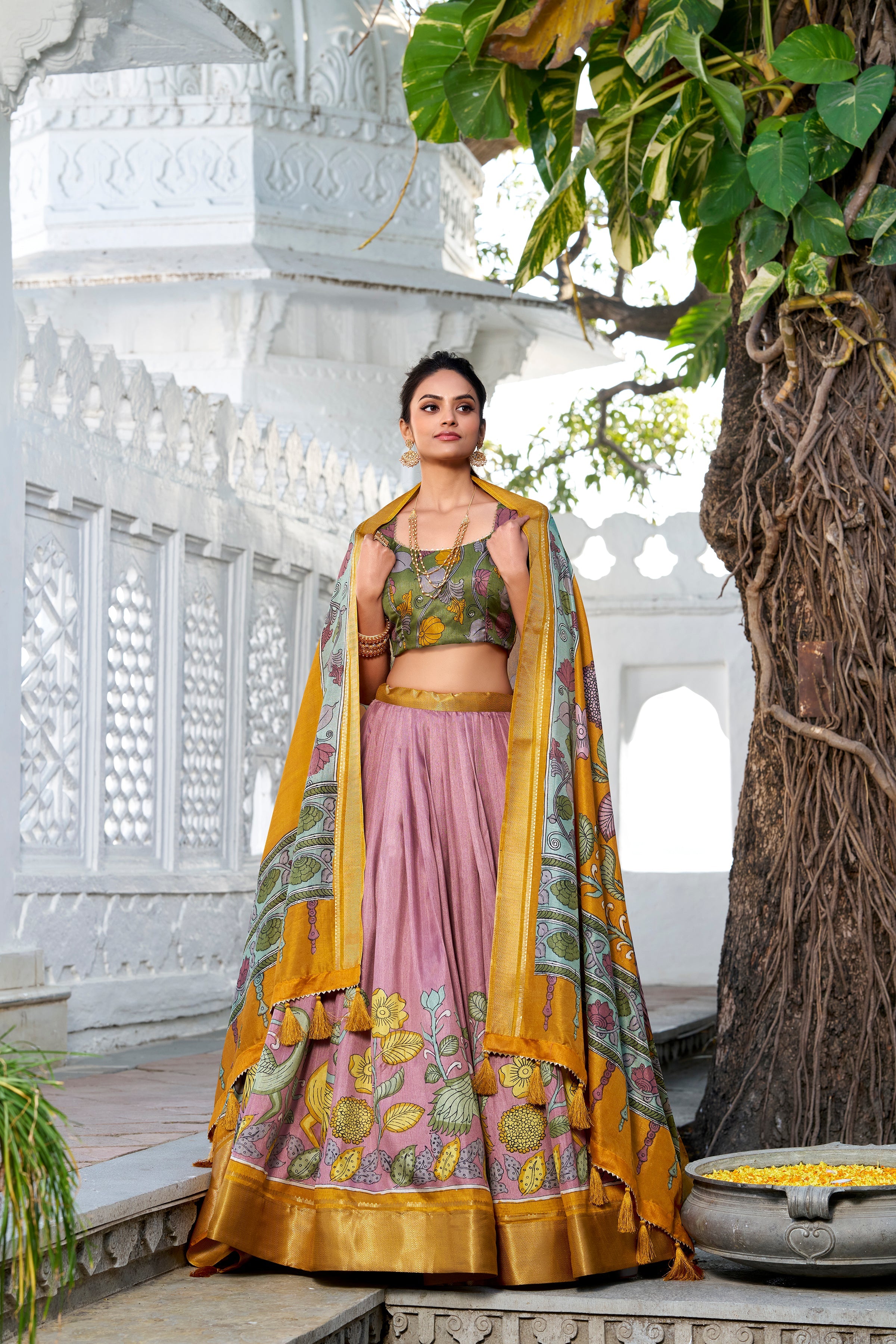 Onion Color Printed With Zari Weaving Border Jacquard Silk Lehenga Choli