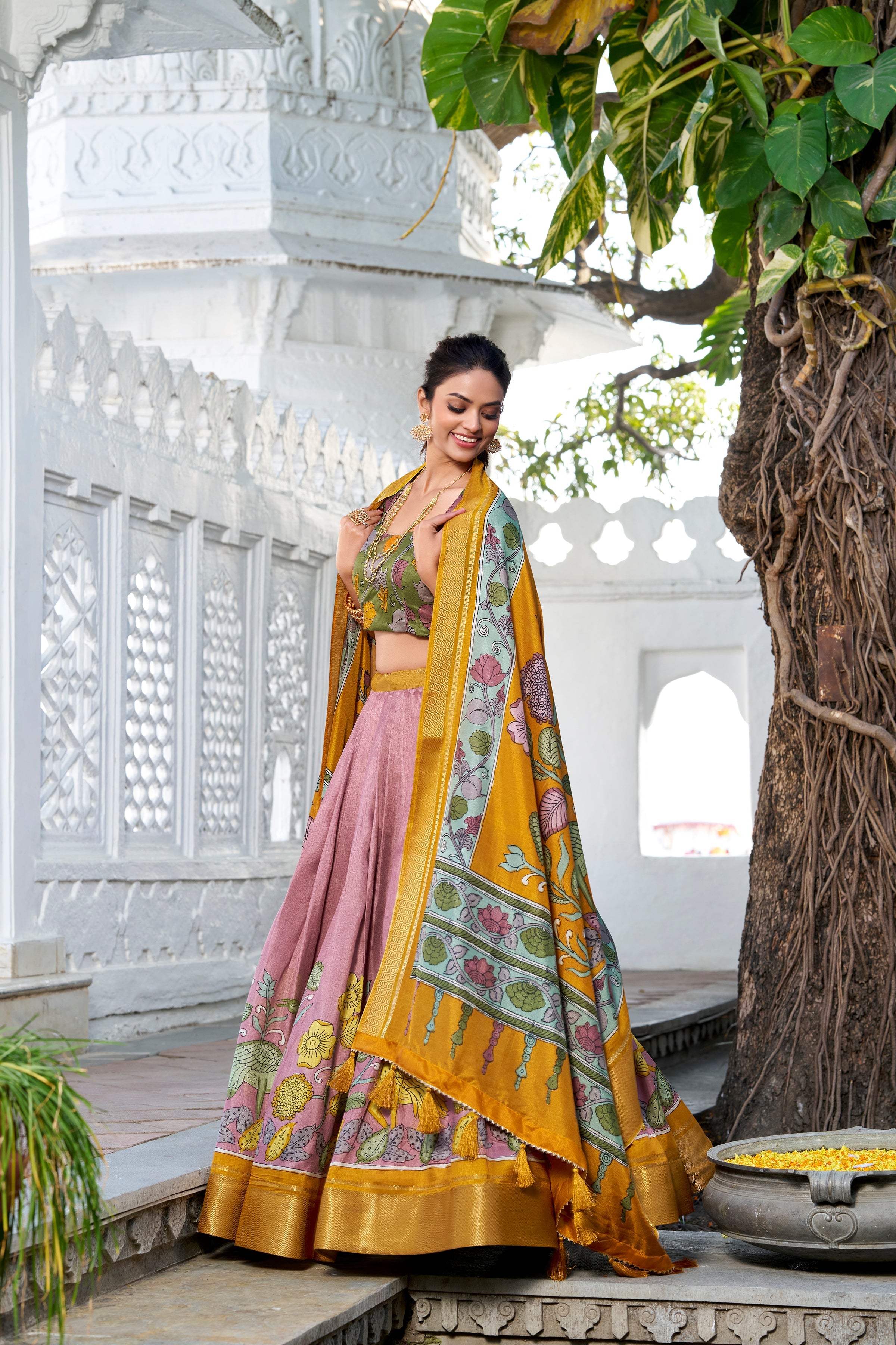 Onion Color Printed With Zari Weaving Border Jacquard Silk Lehenga Choli