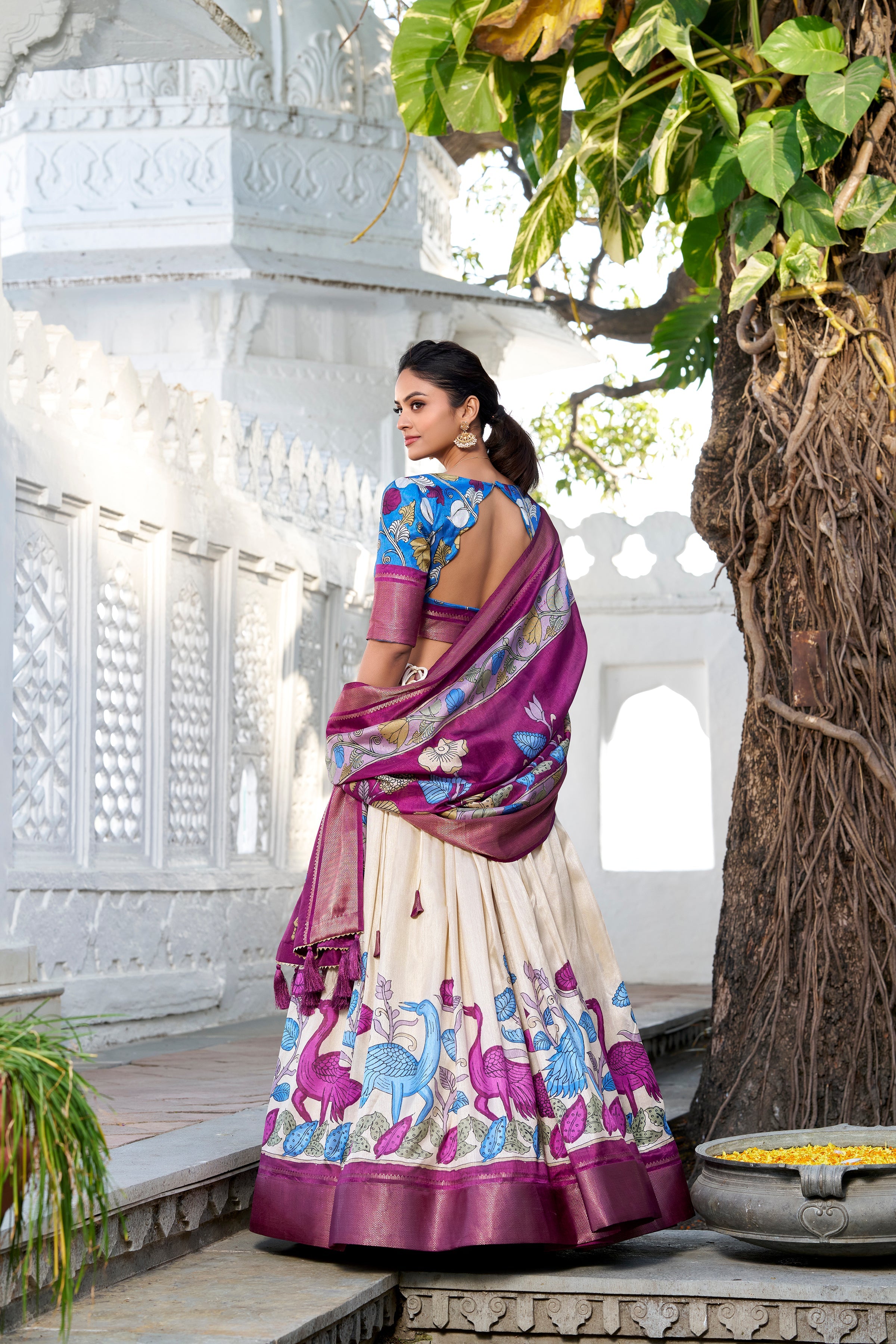Off White Color Printed With Zari Weaving Border Jacquard Silk Lehenga Choli