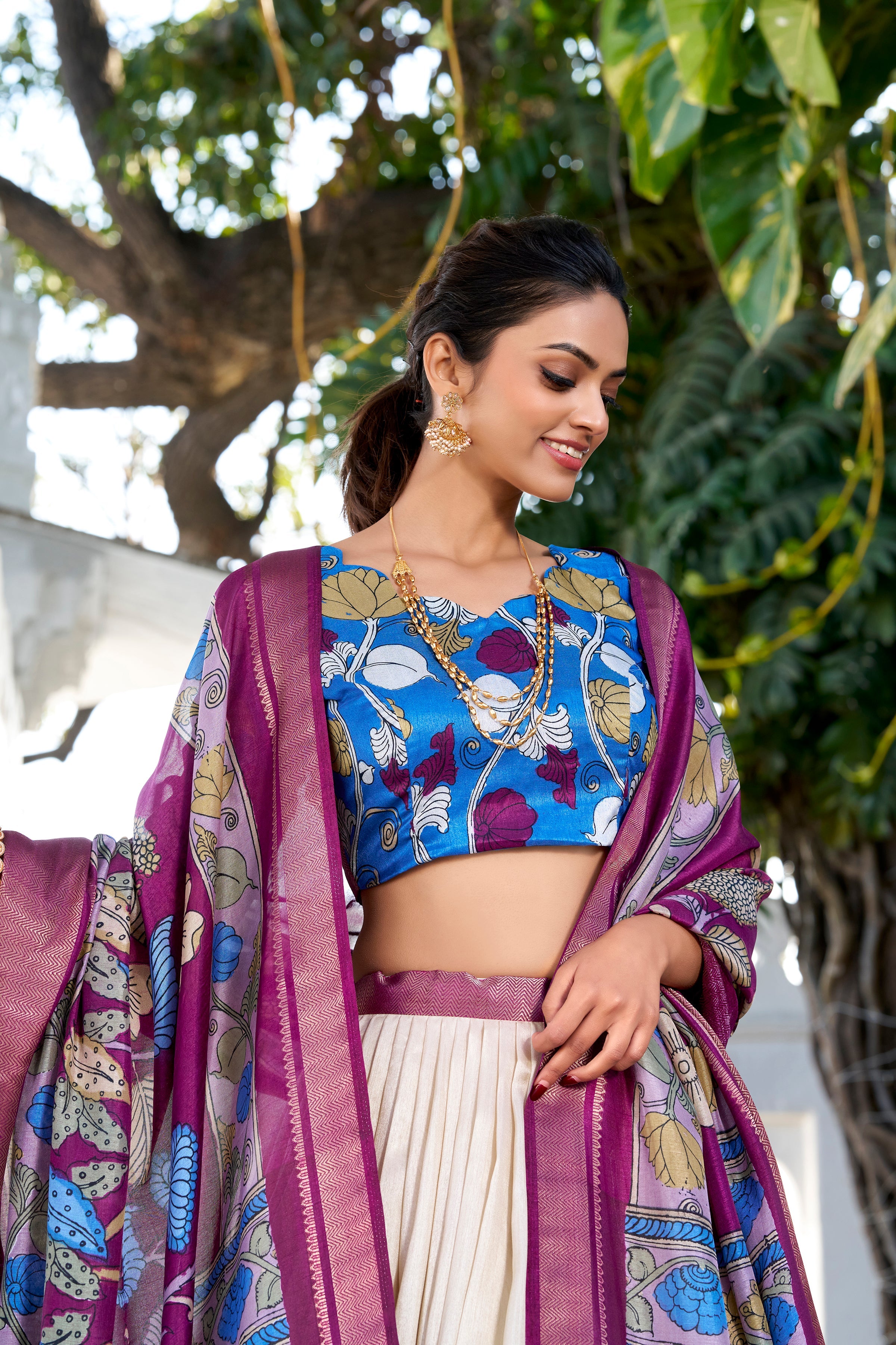 Off White Color Printed With Zari Weaving Border Jacquard Silk Lehenga Choli