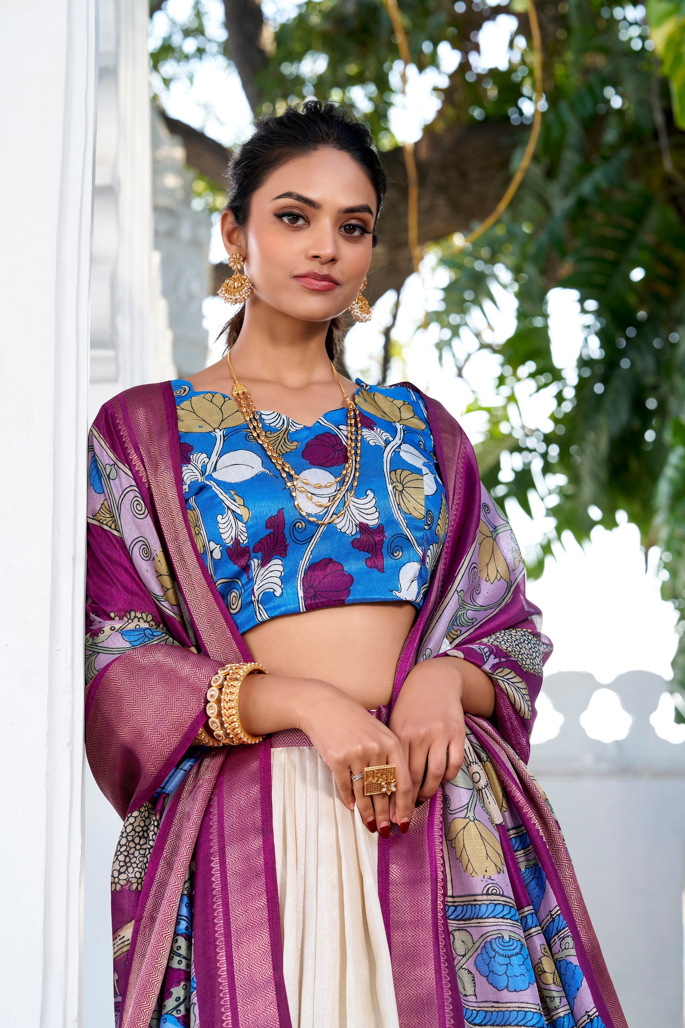 Off White Color Printed With Zari Weaving Border Jacquard Silk Lehenga Choli